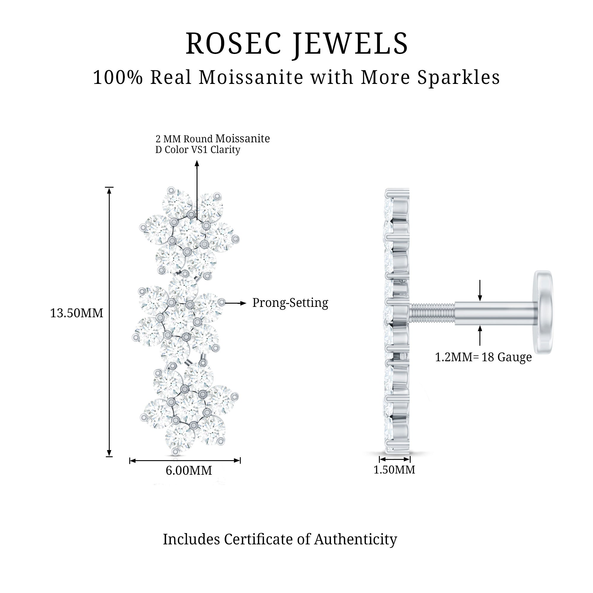 Certified Moissanite Floral Ear Climber Earring D-VS1 - Rosec Jewels