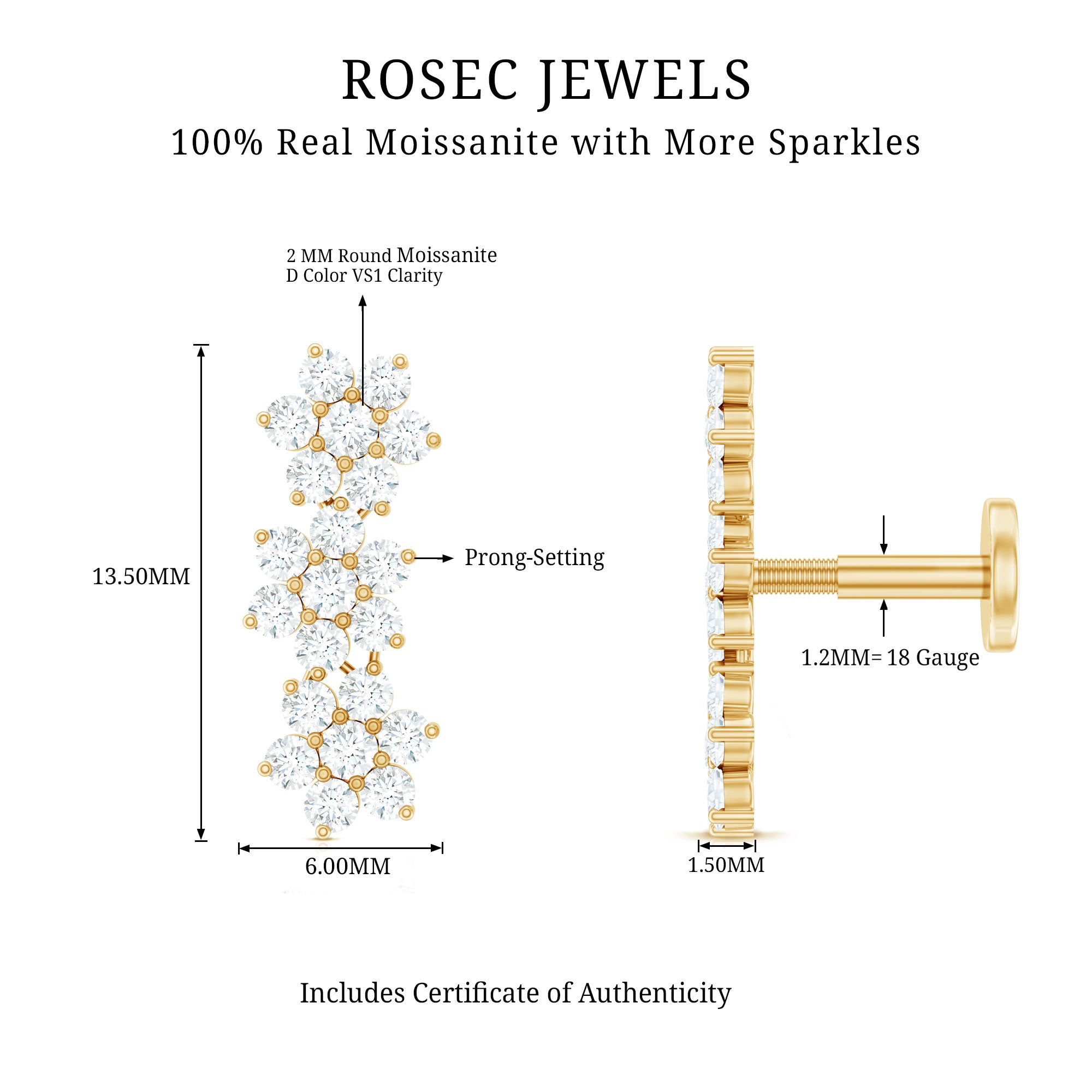 Certified Moissanite Floral Ear Climber Earring D-VS1 - Rosec Jewels