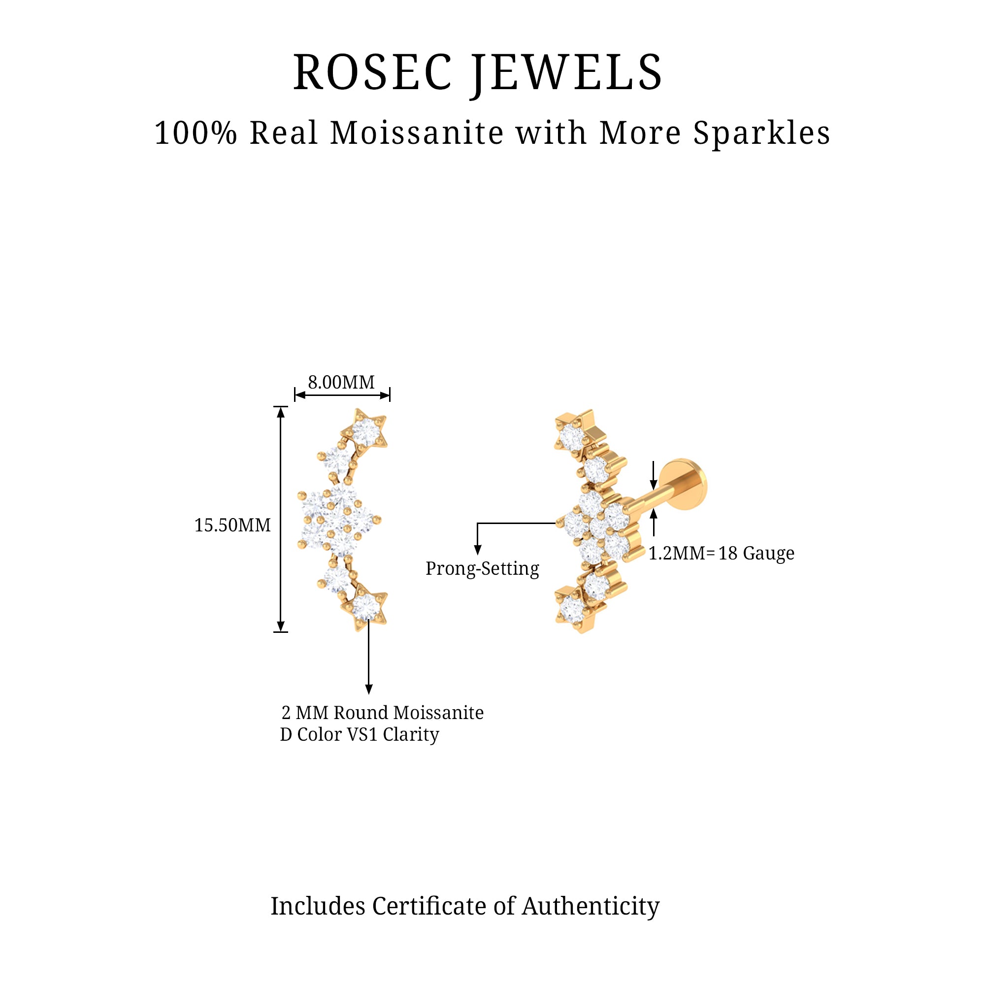 Unique Moissanite Star Crawler Earring for Helix Piercing D-VS1 - Rosec Jewels