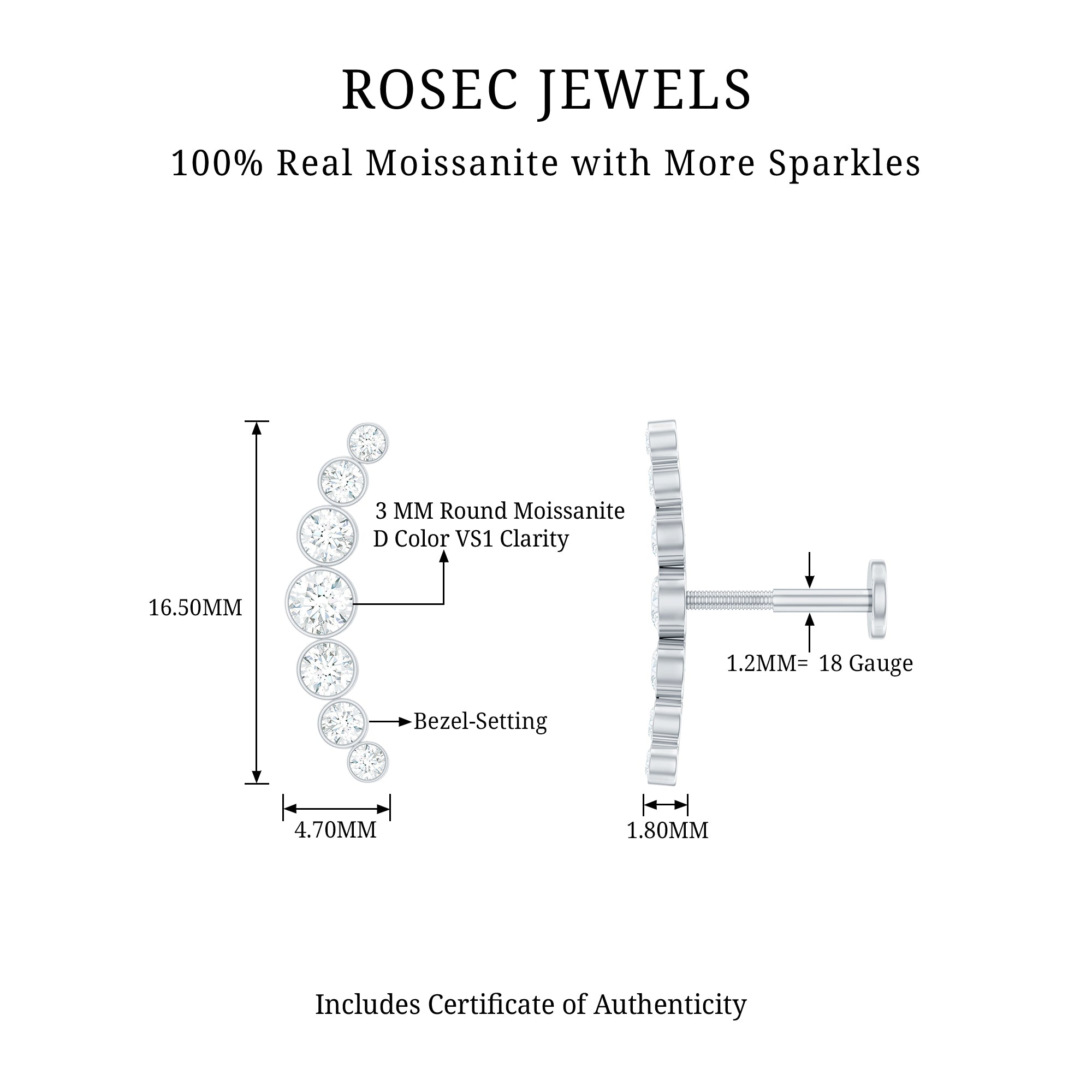 Graduated Bezel Set Moissanite Curved Crawler Earring D-VS1 - Rosec Jewels