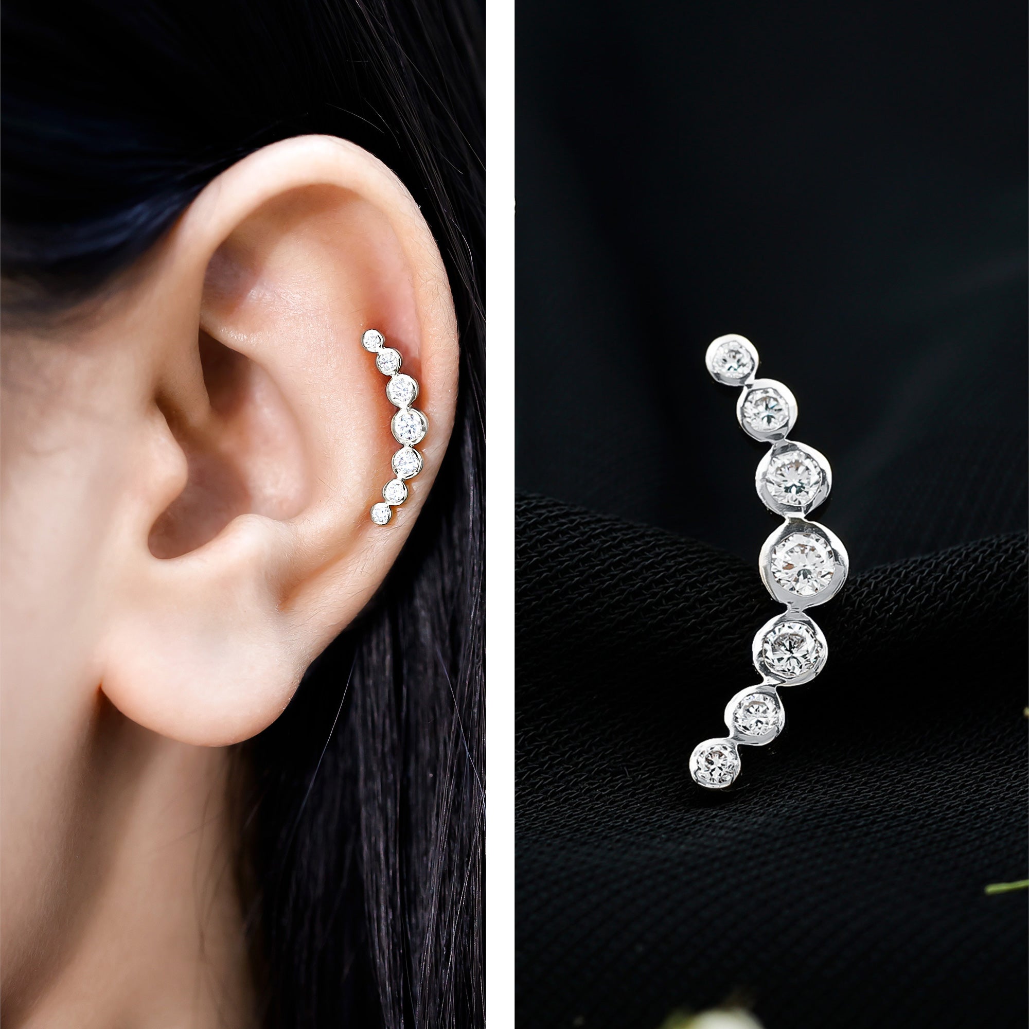Graduated Bezel Set Moissanite Curved Crawler Earring D-VS1 - Rosec Jewels