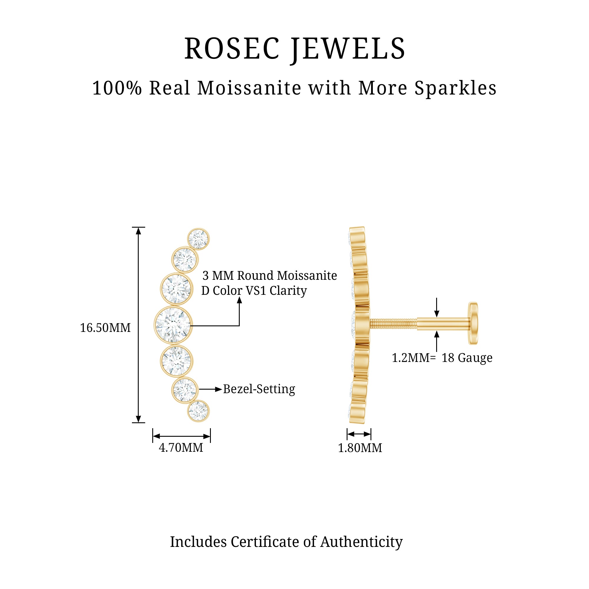Graduated Bezel Set Moissanite Curved Crawler Earring D-VS1 - Rosec Jewels