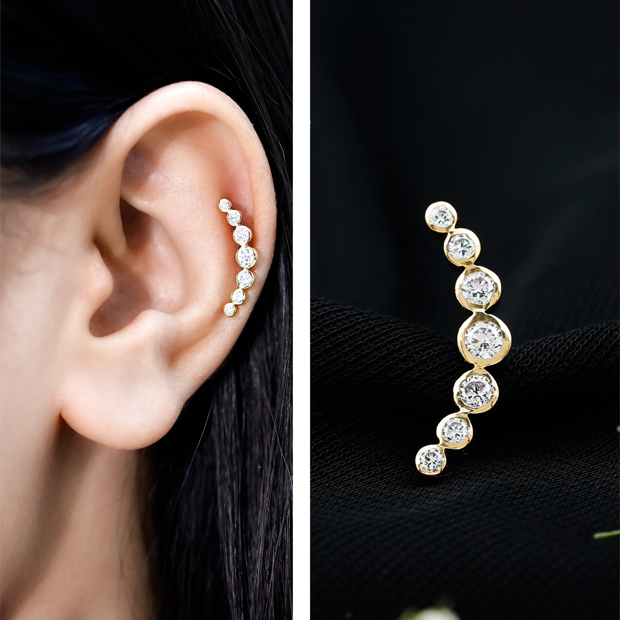 Graduated Bezel Set Moissanite Curved Crawler Earring D-VS1 - Rosec Jewels