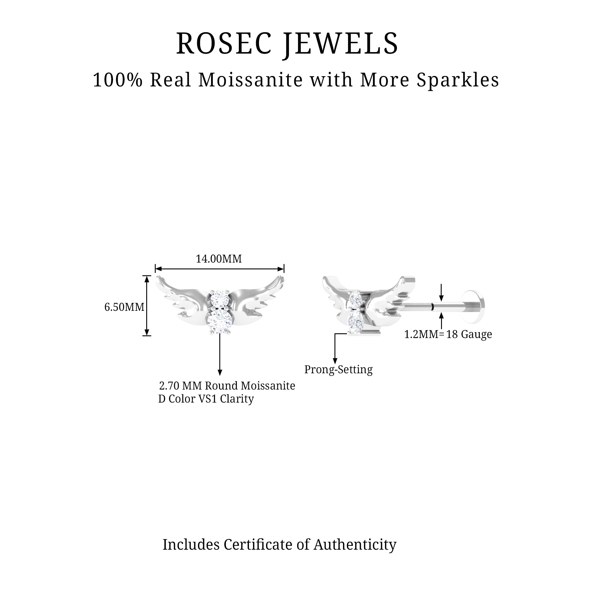 Round Moissanite Bat Earring for Cartilage Piercing D-VS1 - Rosec Jewels