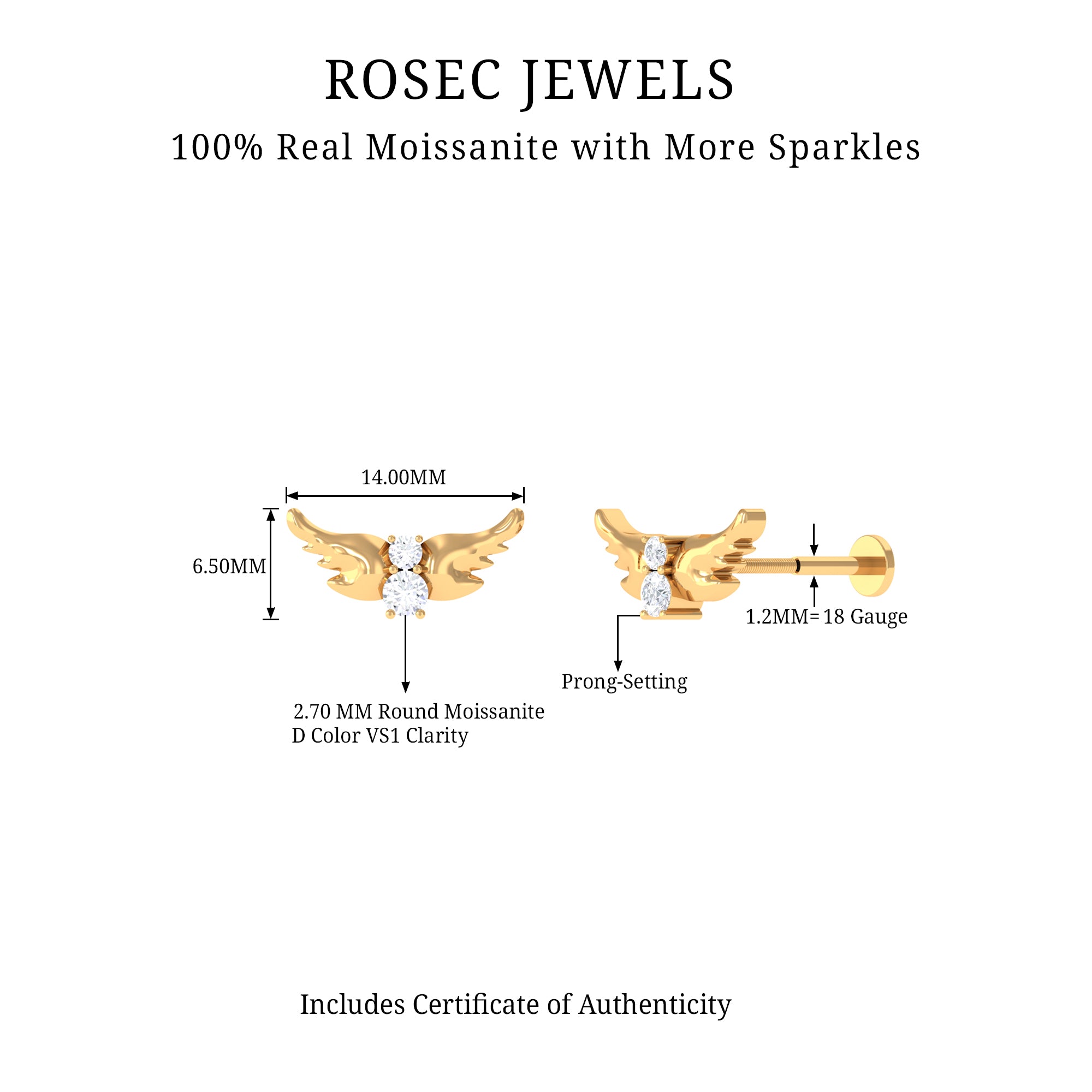 Round Moissanite Bat Earring for Cartilage Piercing D-VS1 - Rosec Jewels