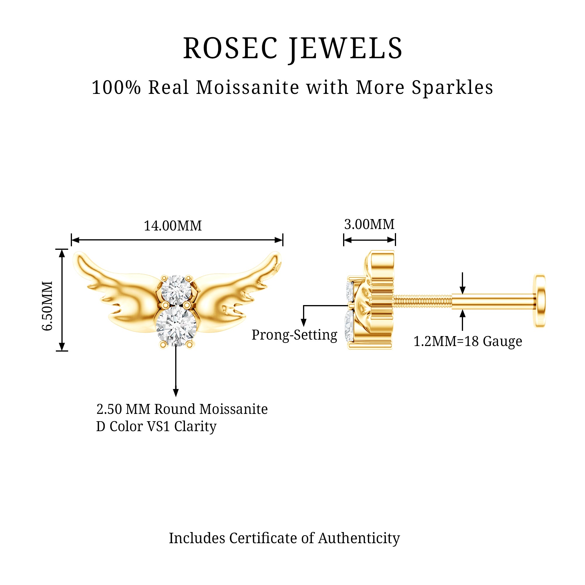 Round Moissanite Bat Earring for Cartilage Piercing D-VS1 - Rosec Jewels
