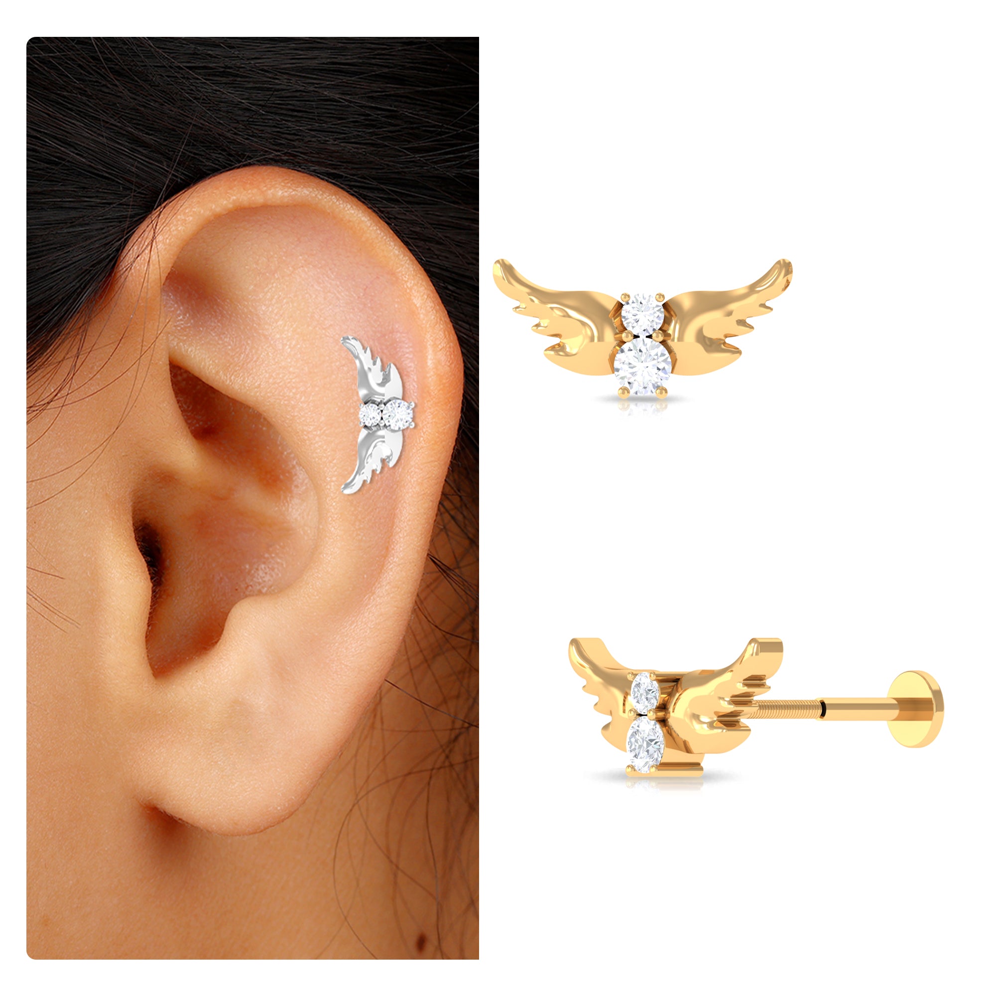 Round Moissanite Bat Earring for Cartilage Piercing D-VS1 - Rosec Jewels
