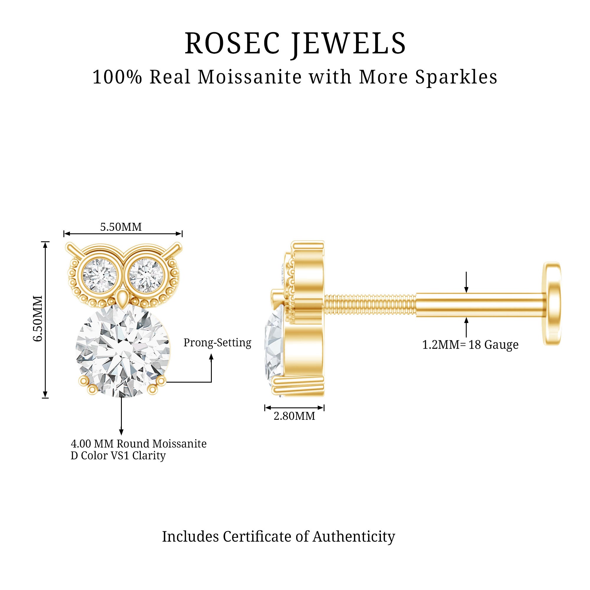 Round Cut Moissanite Owl Earring for Cartilage Piercing D-VS1 - Rosec Jewels