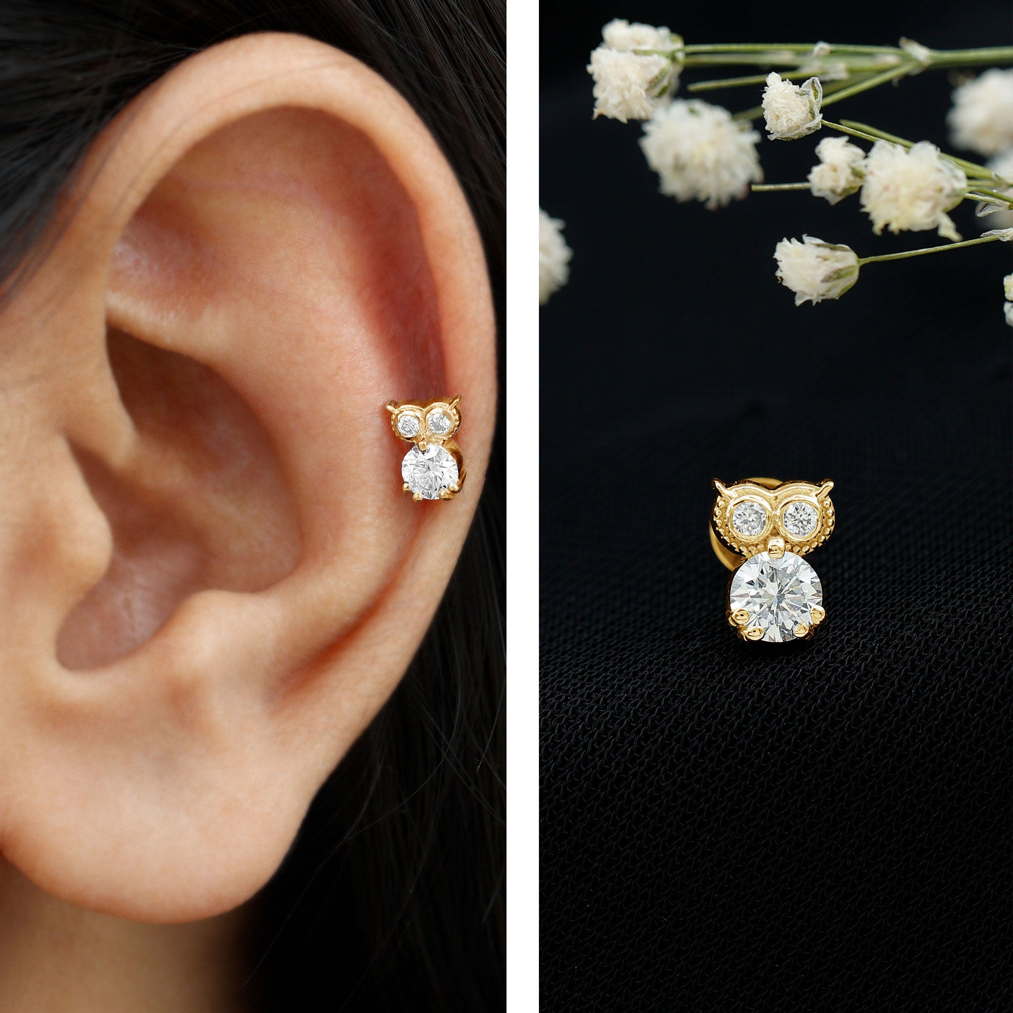 Round Cut Moissanite Owl Earring for Cartilage Piercing D-VS1 - Rosec Jewels
