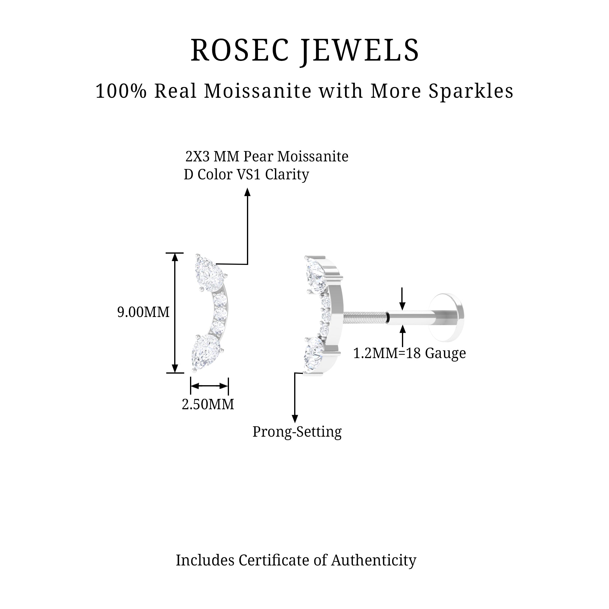 Certified Moissanite Curved Cartilage Earring D-VS1 - Rosec Jewels