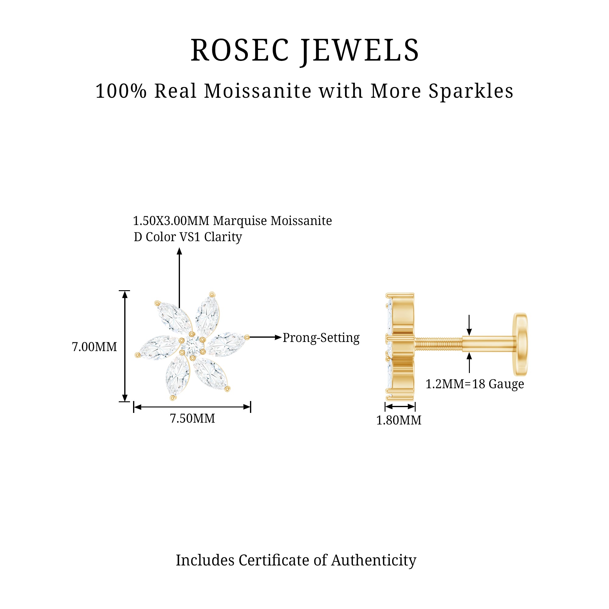Marquise Moissanite Flower Earring for Cartilage Piercing D-VS1 - Rosec Jewels