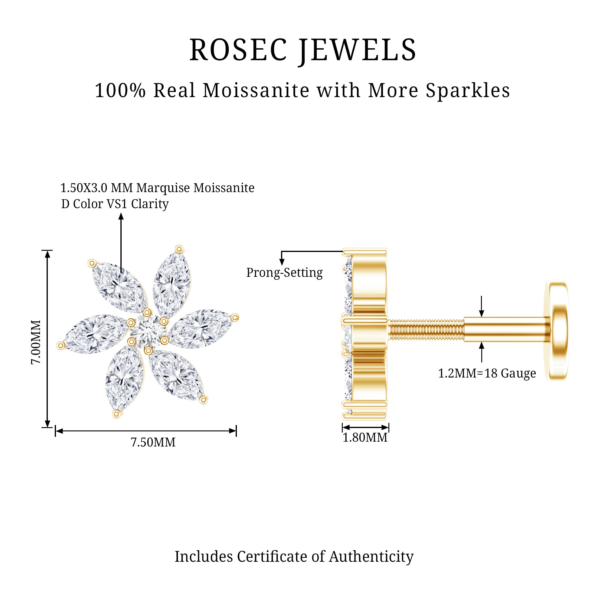 Marquise Moissanite Flower Earring for Cartilage Piercing D-VS1 - Rosec Jewels