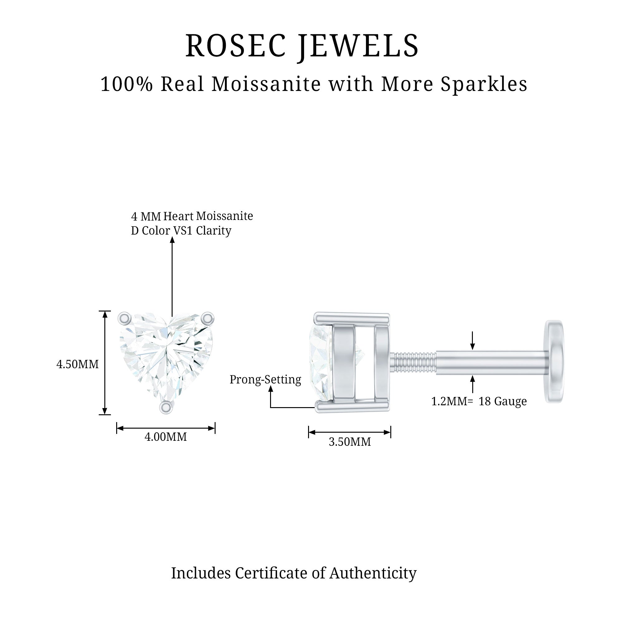 Heart Shape Moissanite Earring for Tragus Piercing D-VS1 - Rosec Jewels