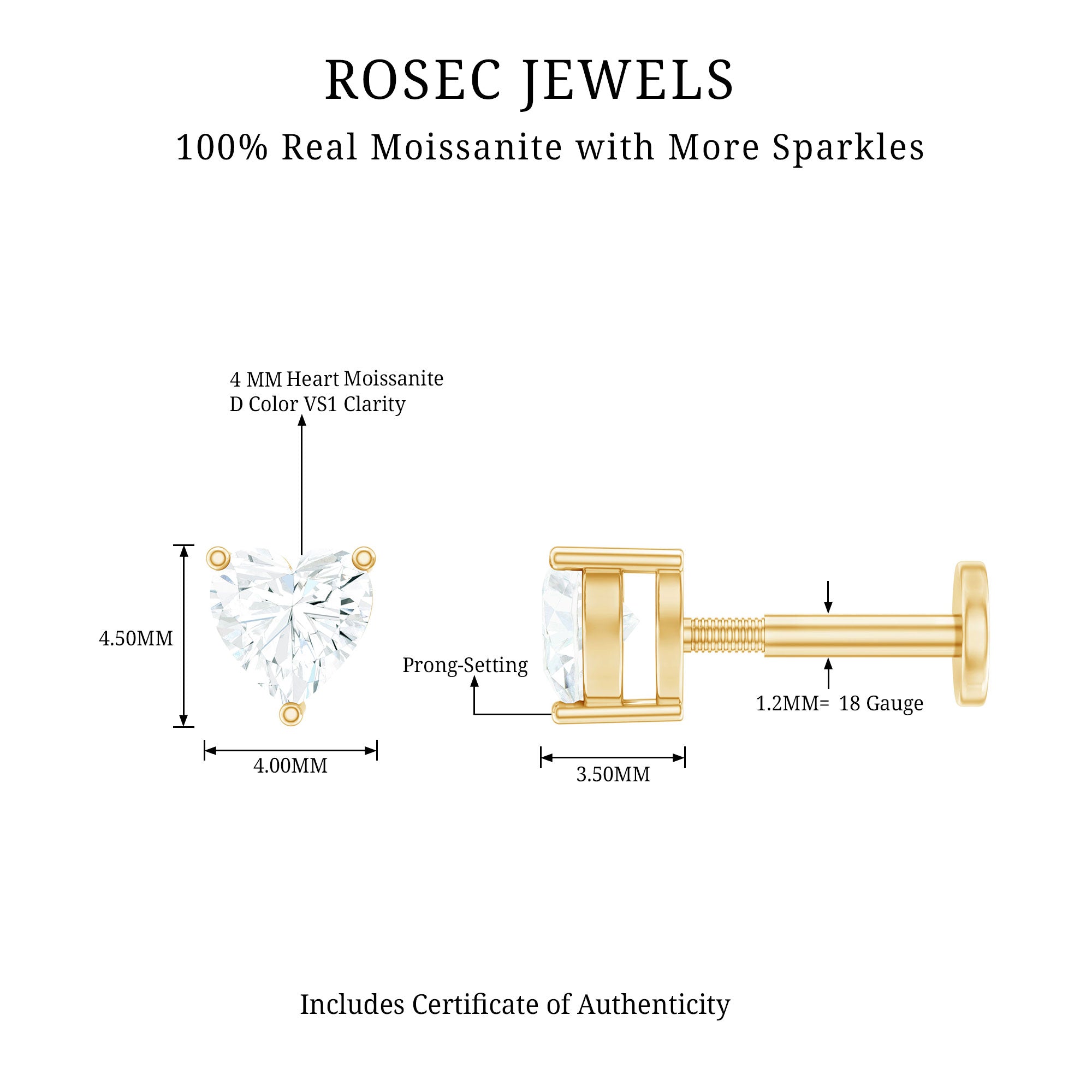 Heart Shape Moissanite Earring for Tragus Piercing D-VS1 - Rosec Jewels