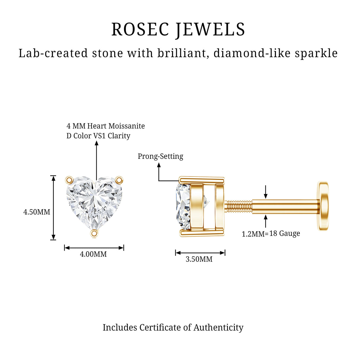 Heart Shape Moissanite Earring for Tragus Piercing D-VS1 - Rosec Jewels