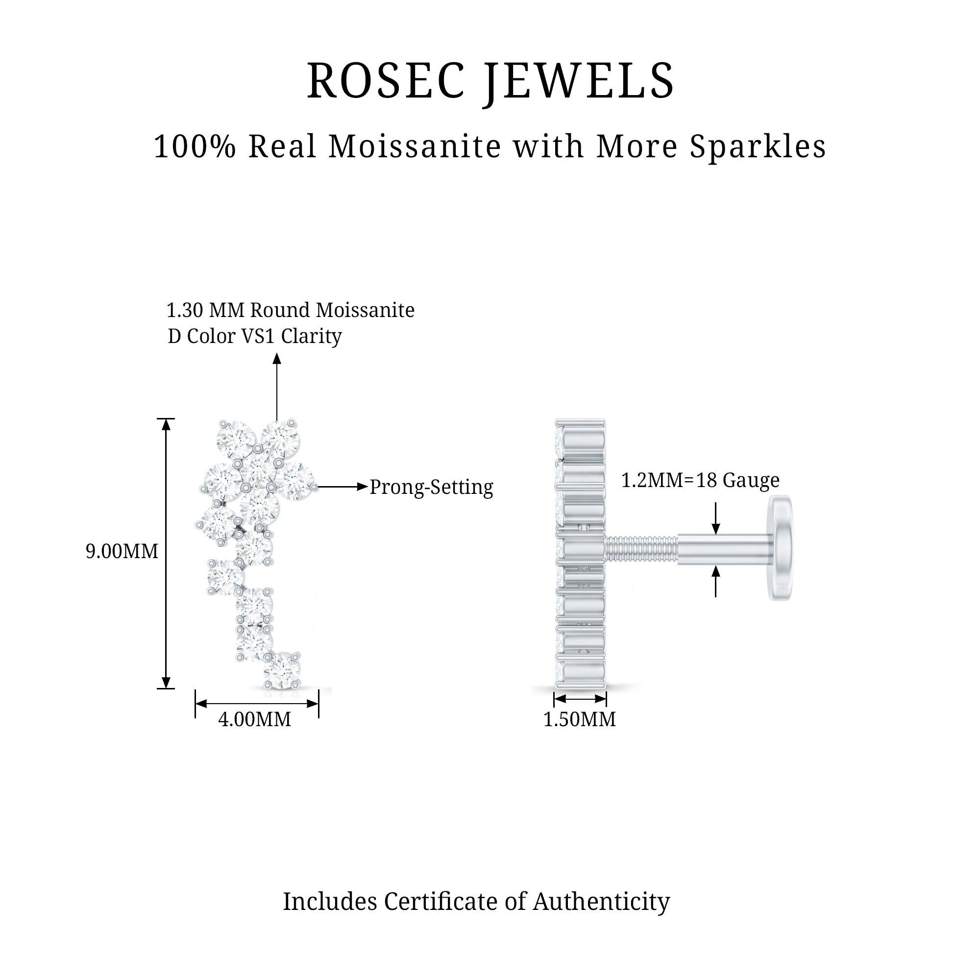 Moissanite Ear Crawler Earring for Cartilage Piercing D-VS1 - Rosec Jewels