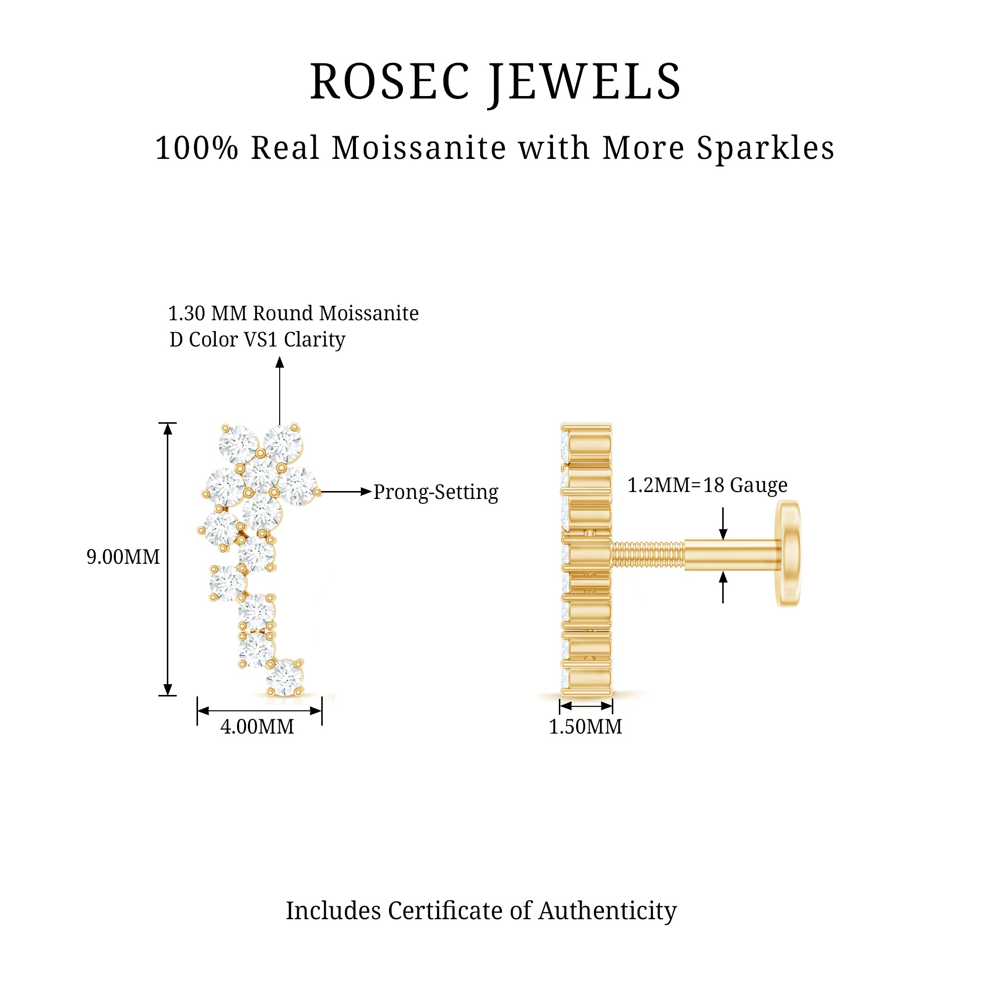 Moissanite Ear Crawler Earring for Cartilage Piercing D-VS1 - Rosec Jewels