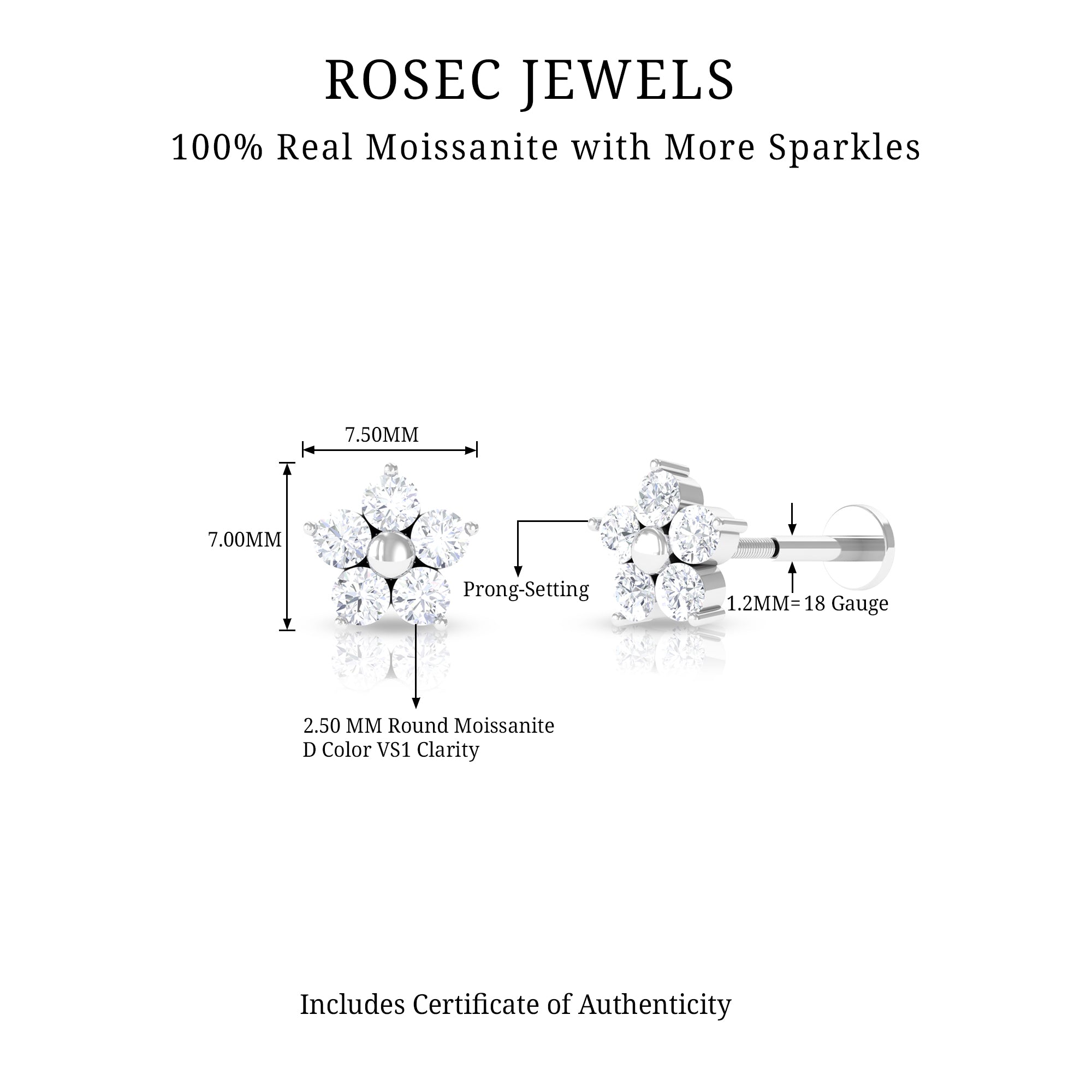 Certified Moissanite Flower Conch Earring for Women D-VS1 - Rosec Jewels