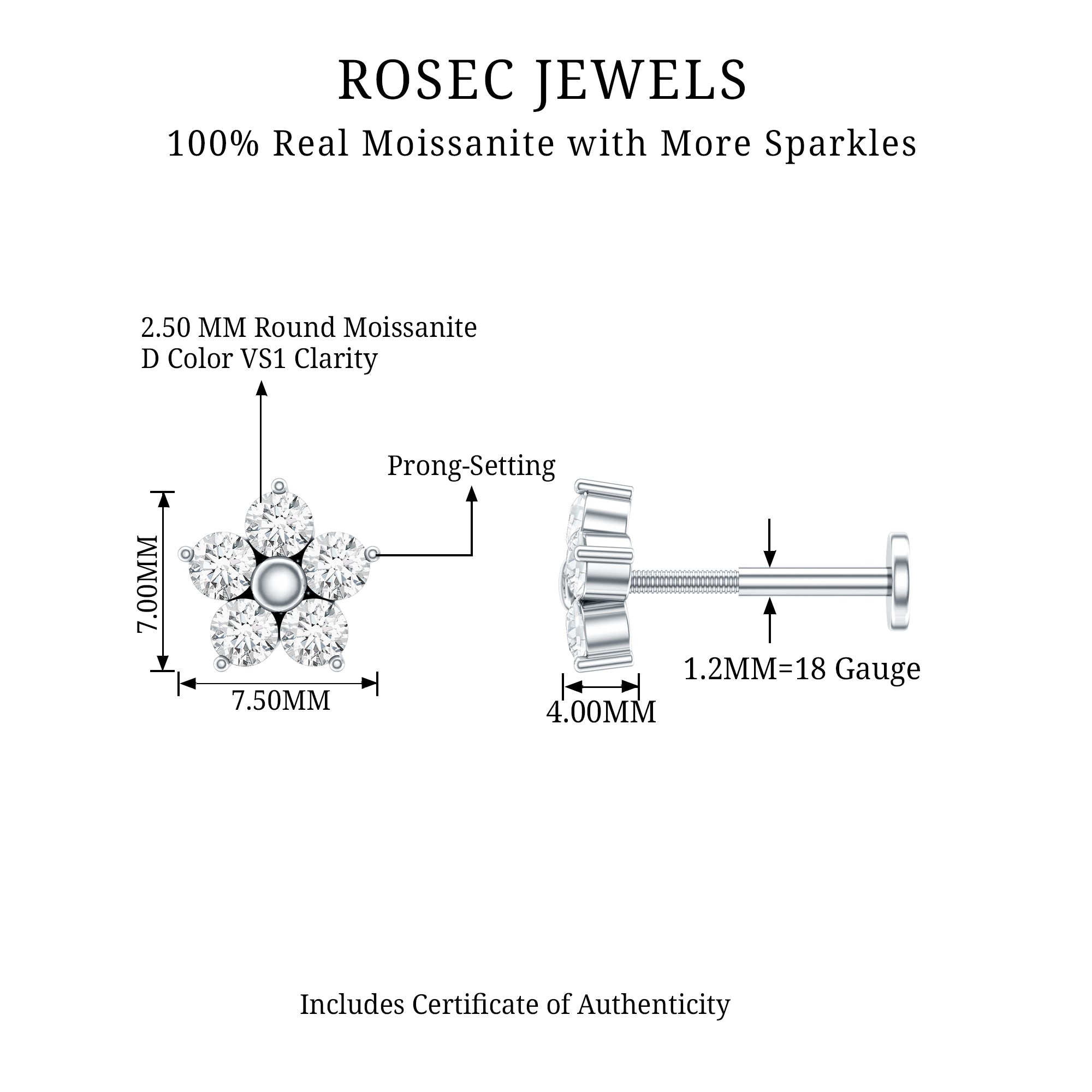 Certified Moissanite Flower Conch Earring for Women D-VS1 - Rosec Jewels