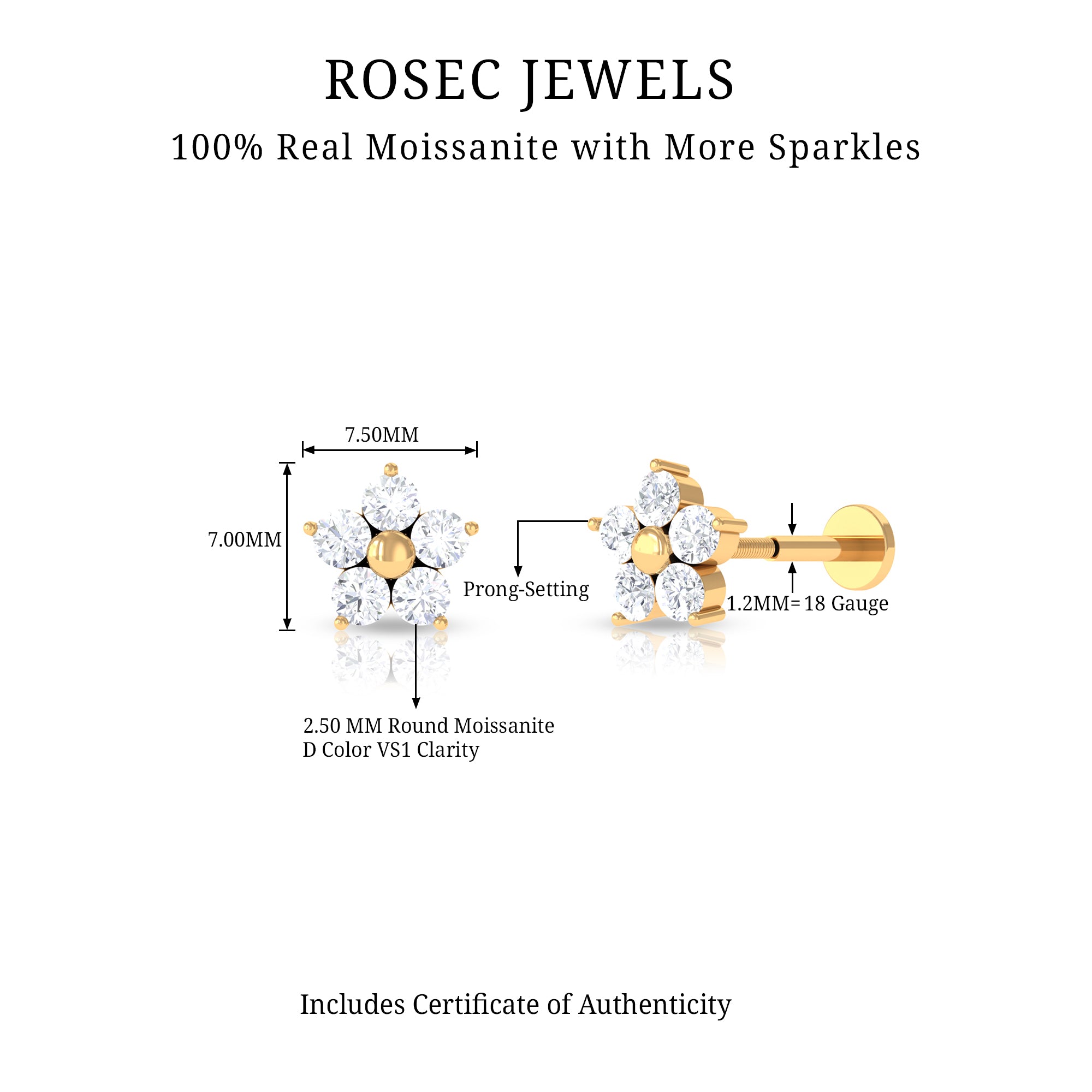 Certified Moissanite Flower Conch Earring for Women D-VS1 - Rosec Jewels