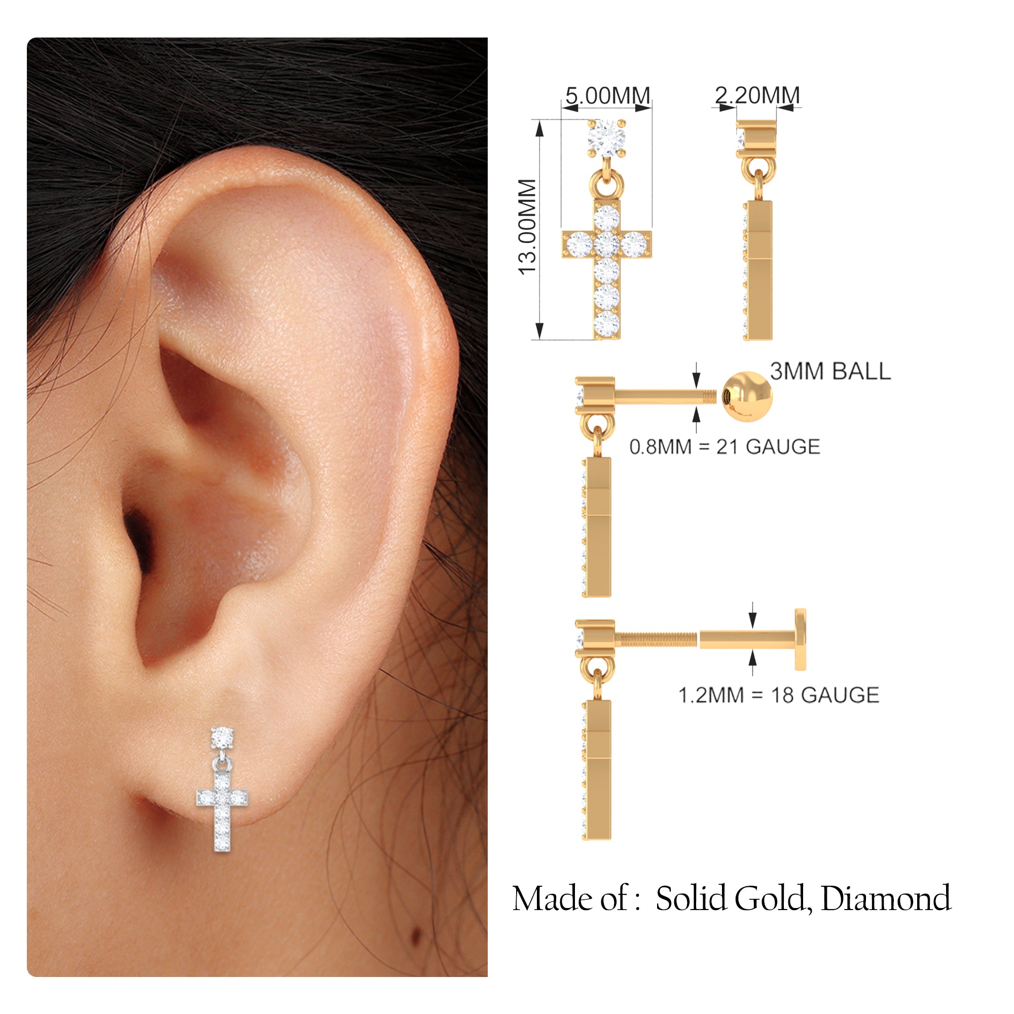 Moissanite Cross Dangly Earring for Helix Piercing D-VS1 - Rosec Jewels