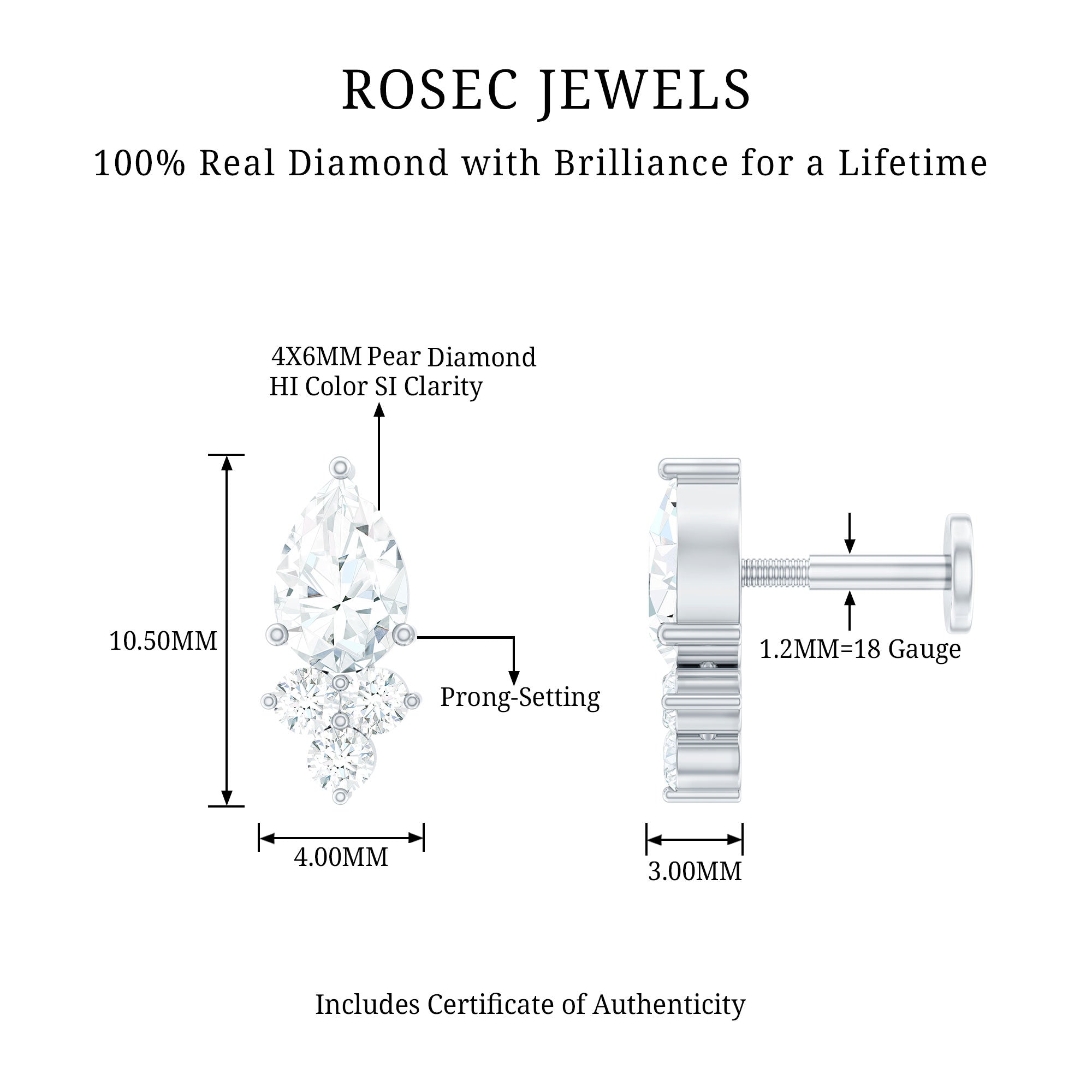Pear and Round Diamond Earring for Helix Piercing Natural - ( HI-SI ) - Rosec Jewels
