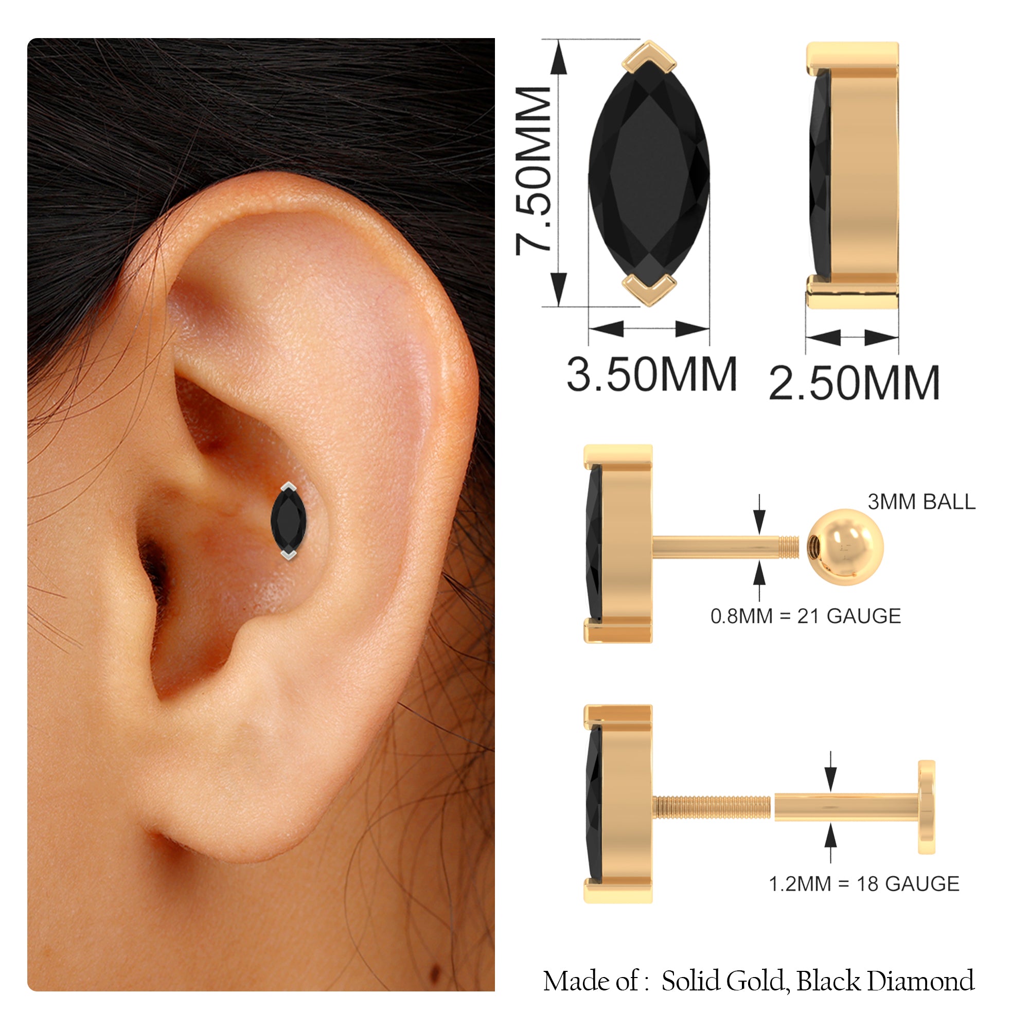 Natural 0.74 Carat Marquise Shape Black Onyx Conch Earring AAA - Rosec Jewels