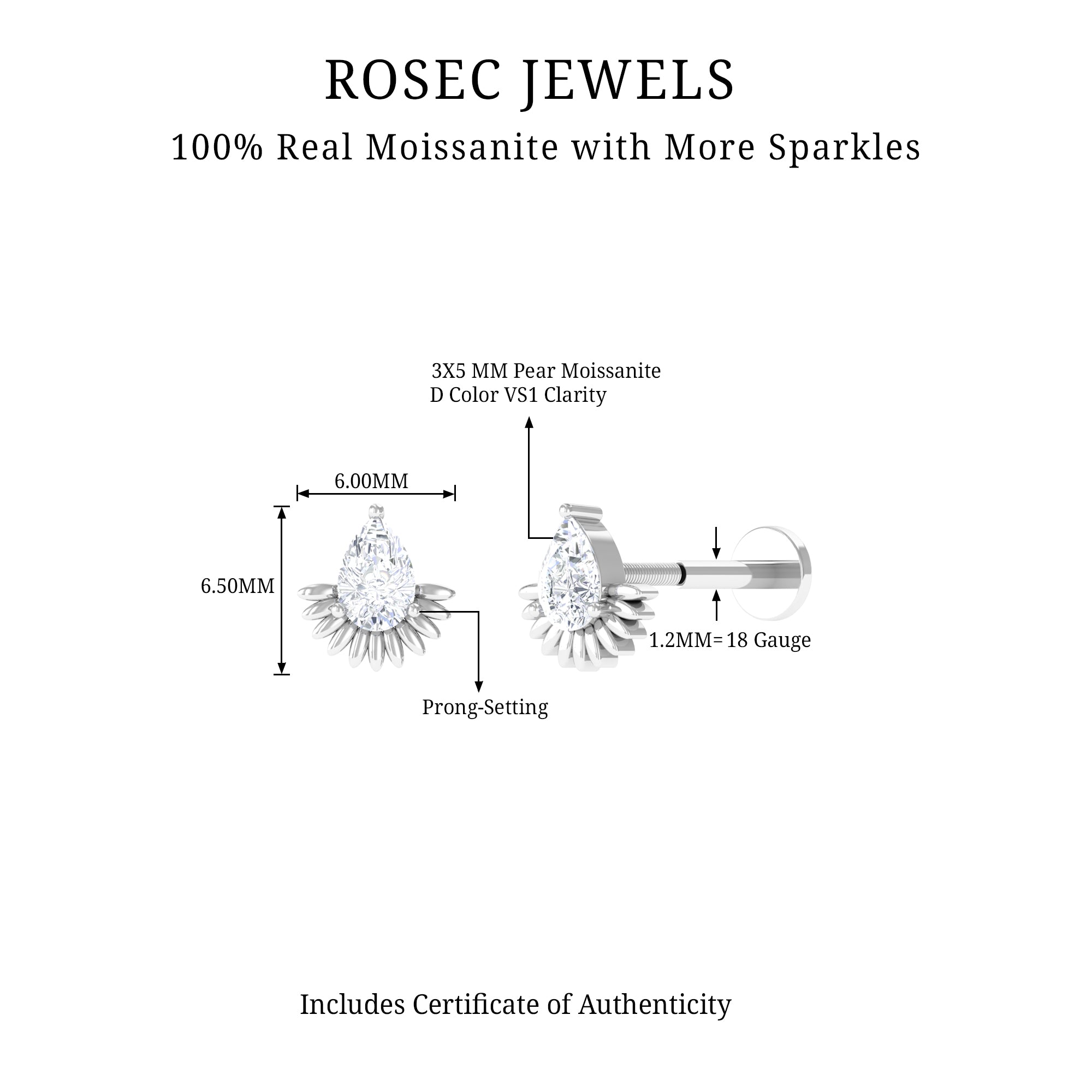 Pear Shape Moissanite Unique Cartilage Earring D-VS1 - Rosec Jewels
