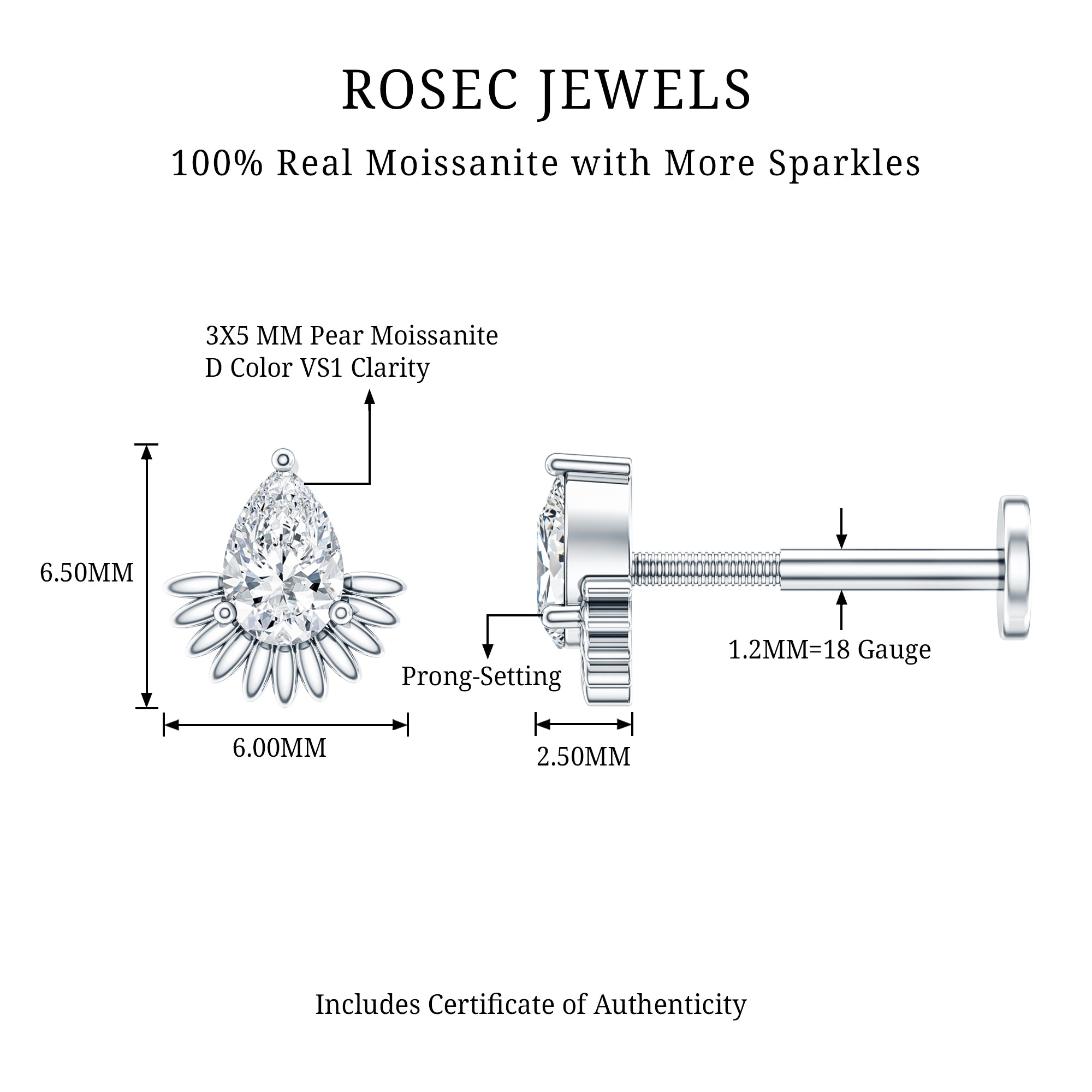 Pear Shape Moissanite Unique Cartilage Earring D-VS1 - Rosec Jewels