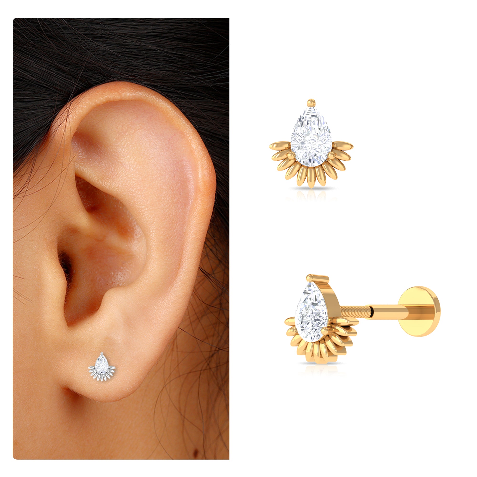 Pear Shape Moissanite Unique Cartilage Earring D-VS1 - Rosec Jewels