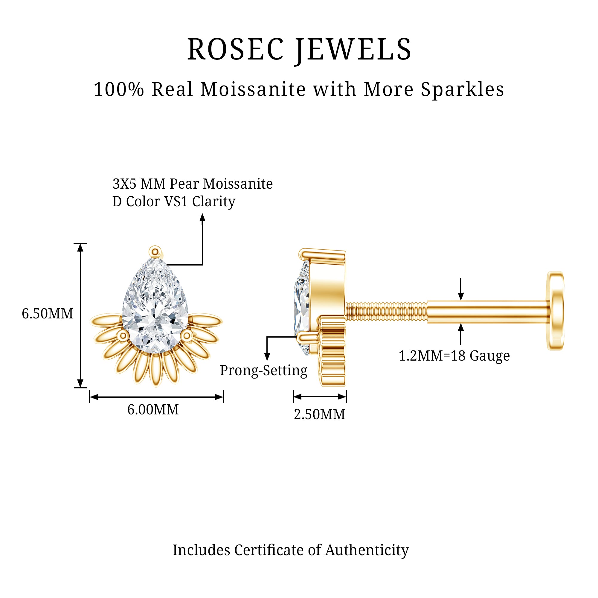 Pear Shape Moissanite Unique Cartilage Earring D-VS1 - Rosec Jewels