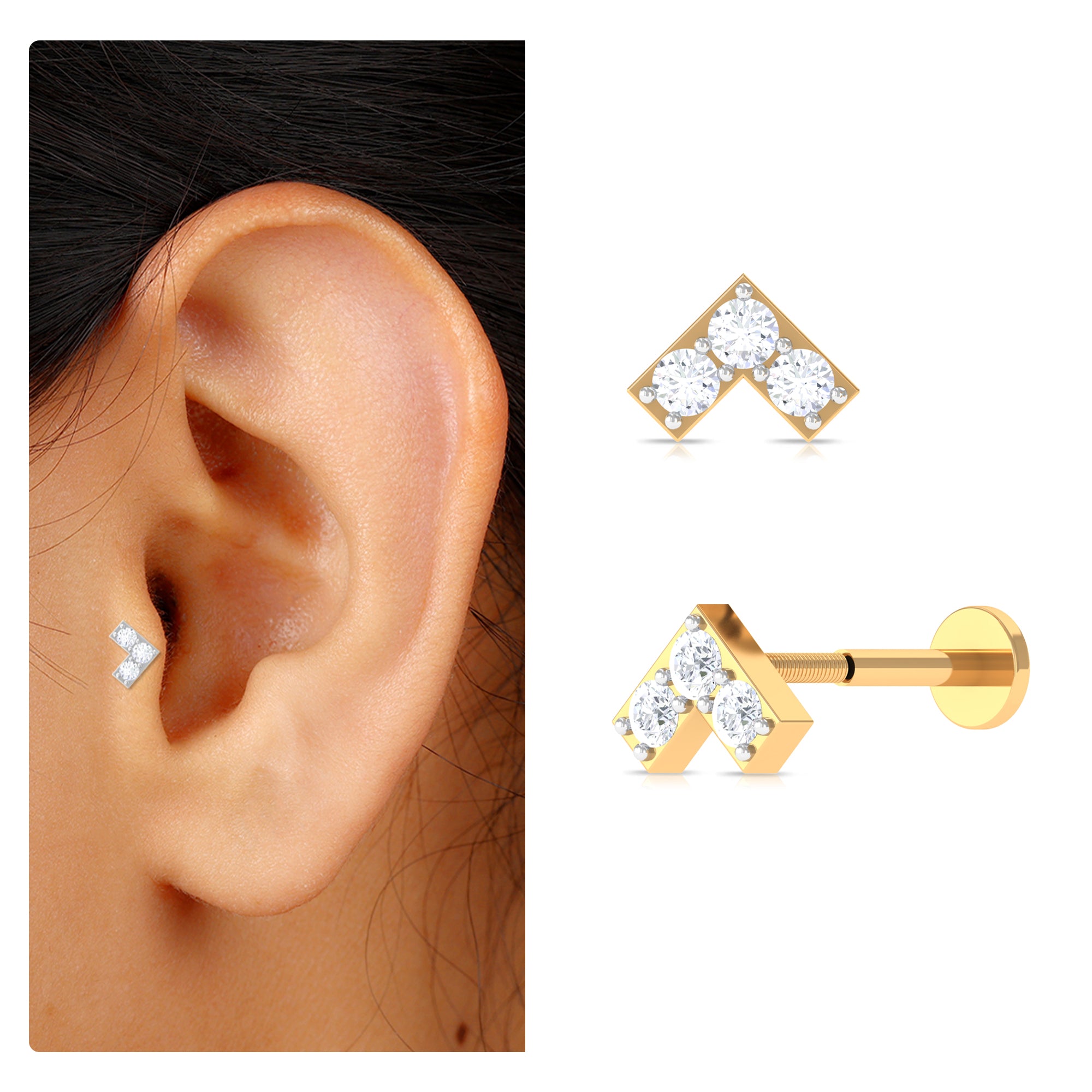 Round Moissanite Chevron Tragus Earring for Women D-VS1 - Rosec Jewels