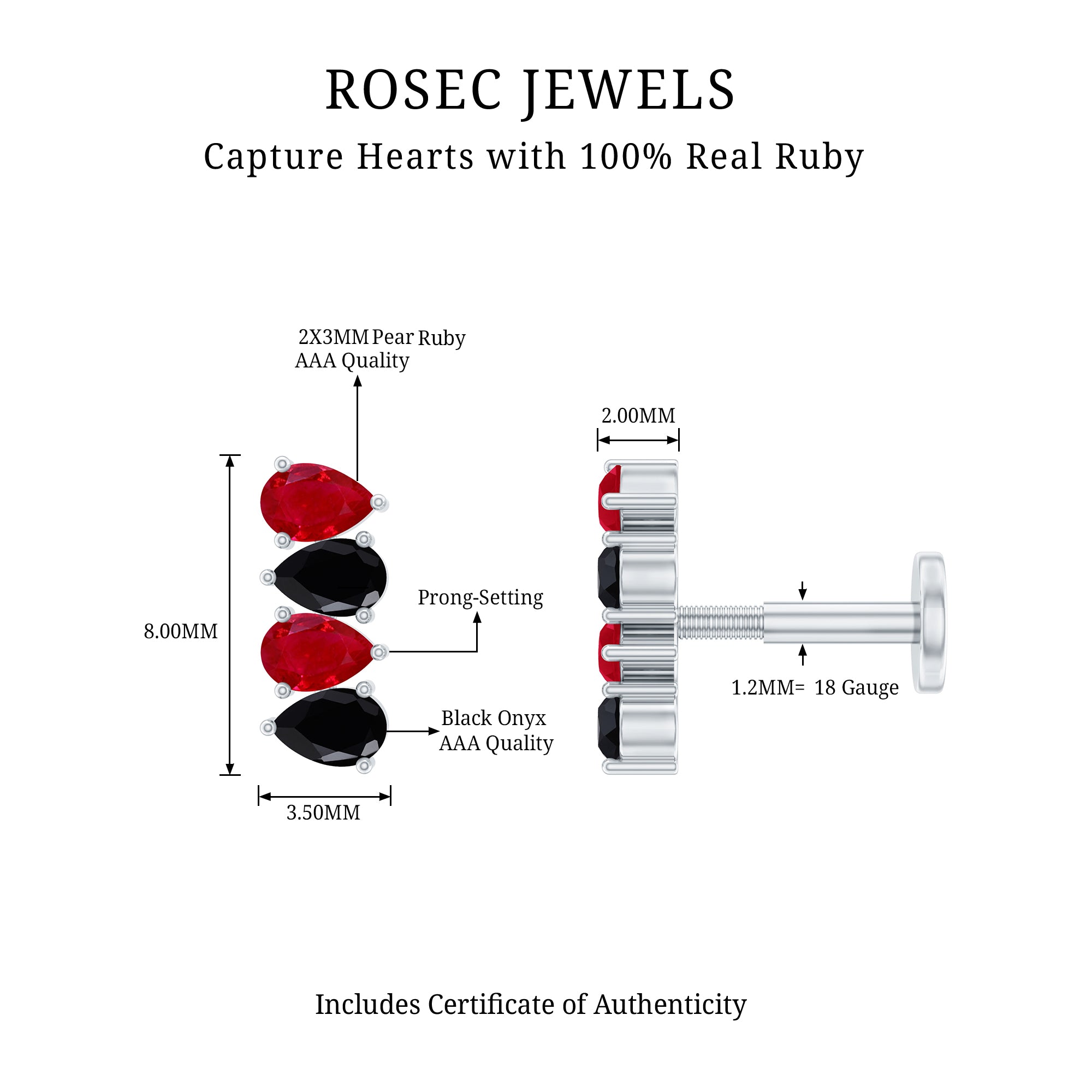 Pear Cut Ruby and Black Onyx Bar Earring for Helix Piercing AAA - Rosec Jewels