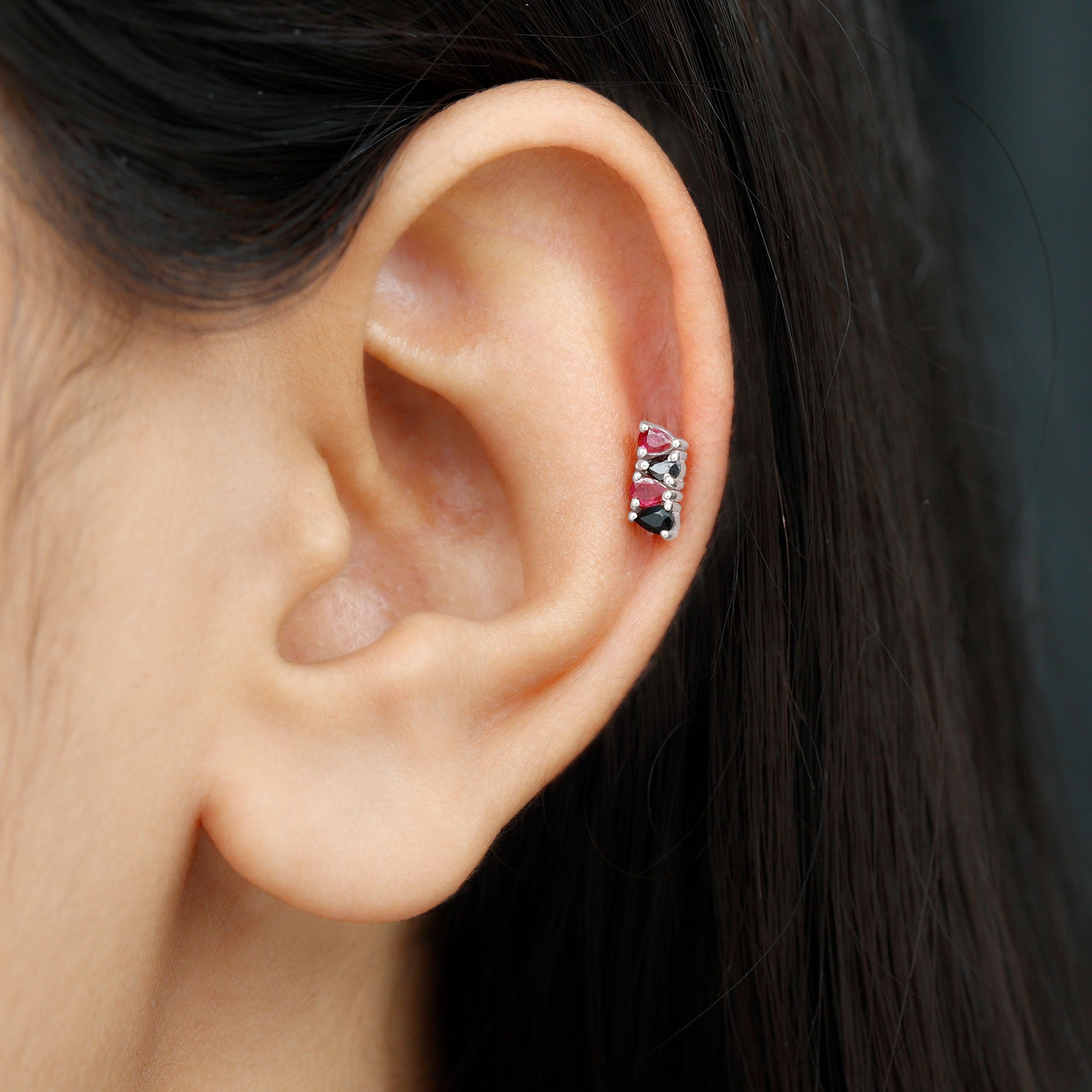 Pear Cut Ruby and Black Onyx Bar Earring for Helix Piercing AAA - Rosec Jewels