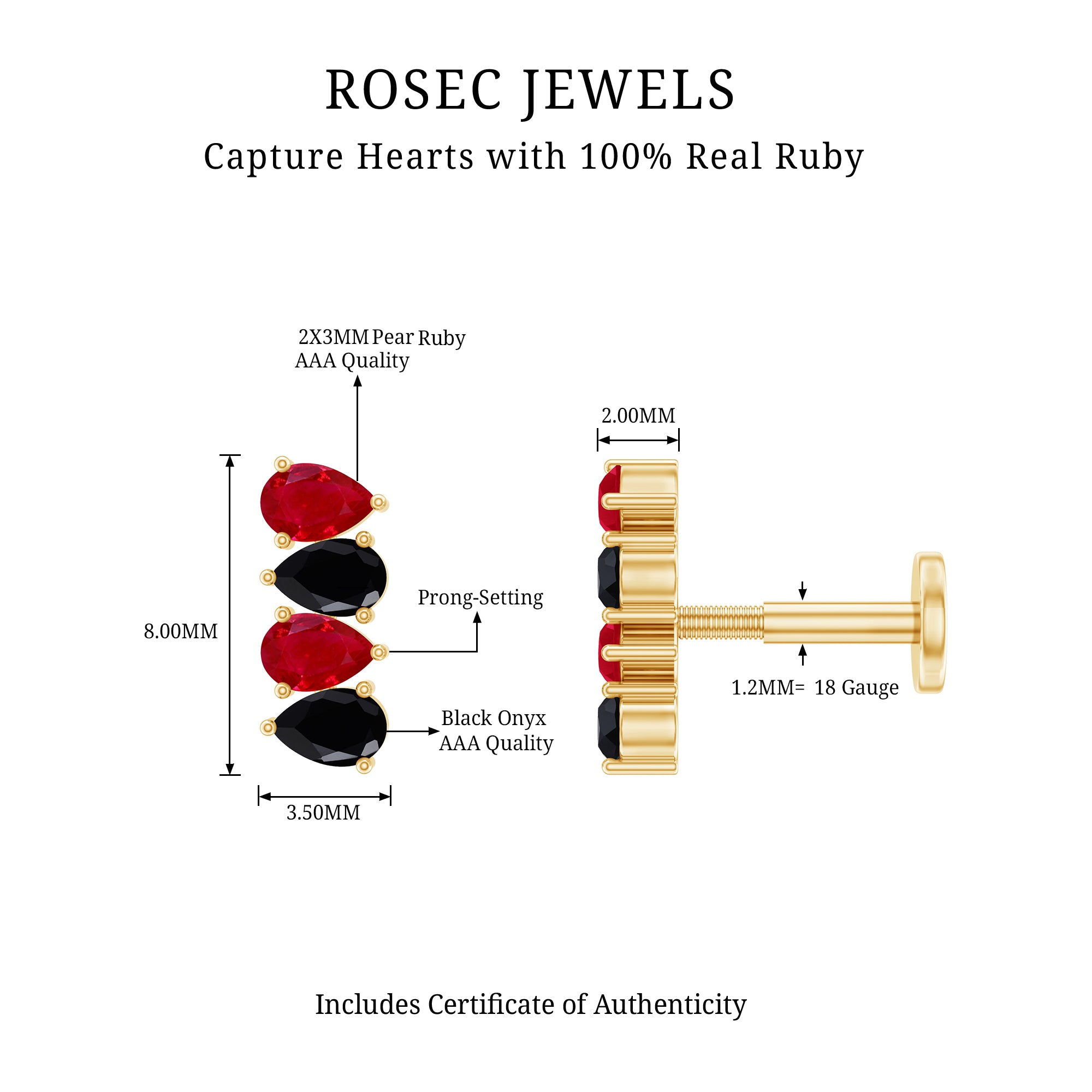 Pear Cut Ruby and Black Onyx Bar Earring for Helix Piercing AAA - Rosec Jewels