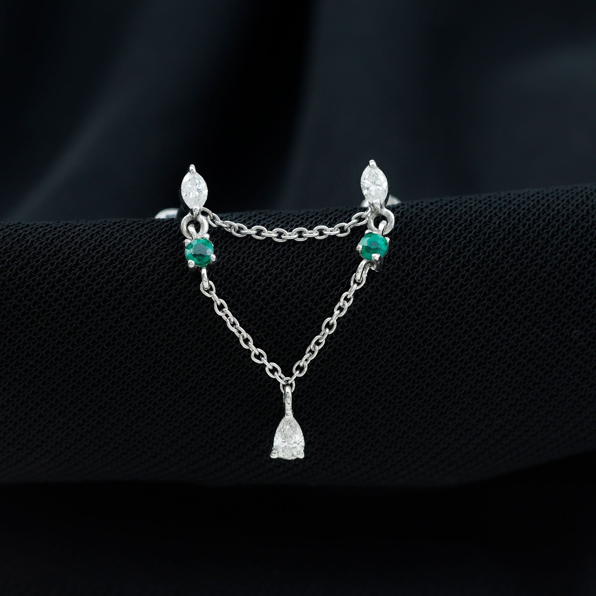 Moissanite Double Piercing Earring with Created Emerald AAAA - Rosec Jewels