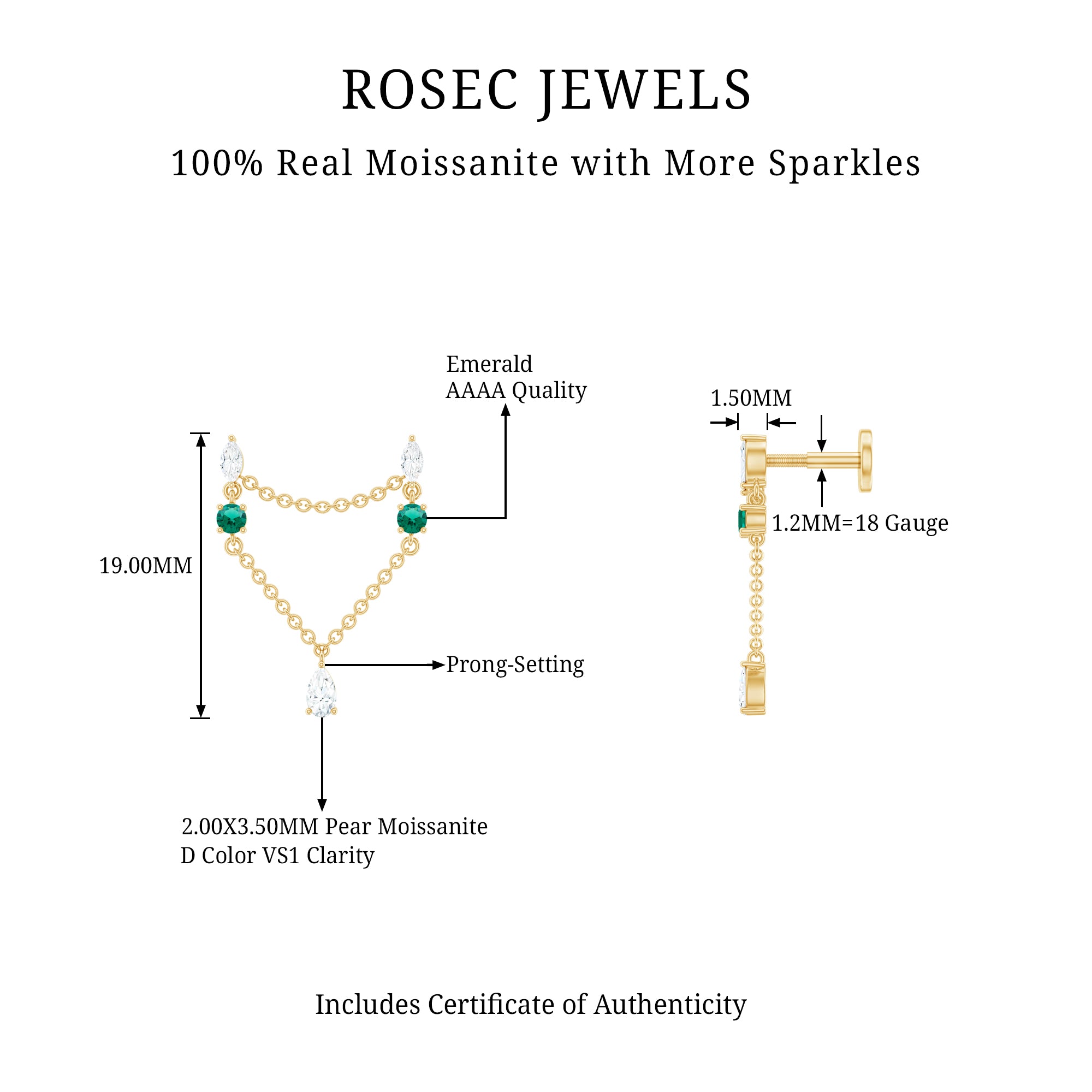 Moissanite Double Piercing Earring with Created Emerald AAAA - Rosec Jewels