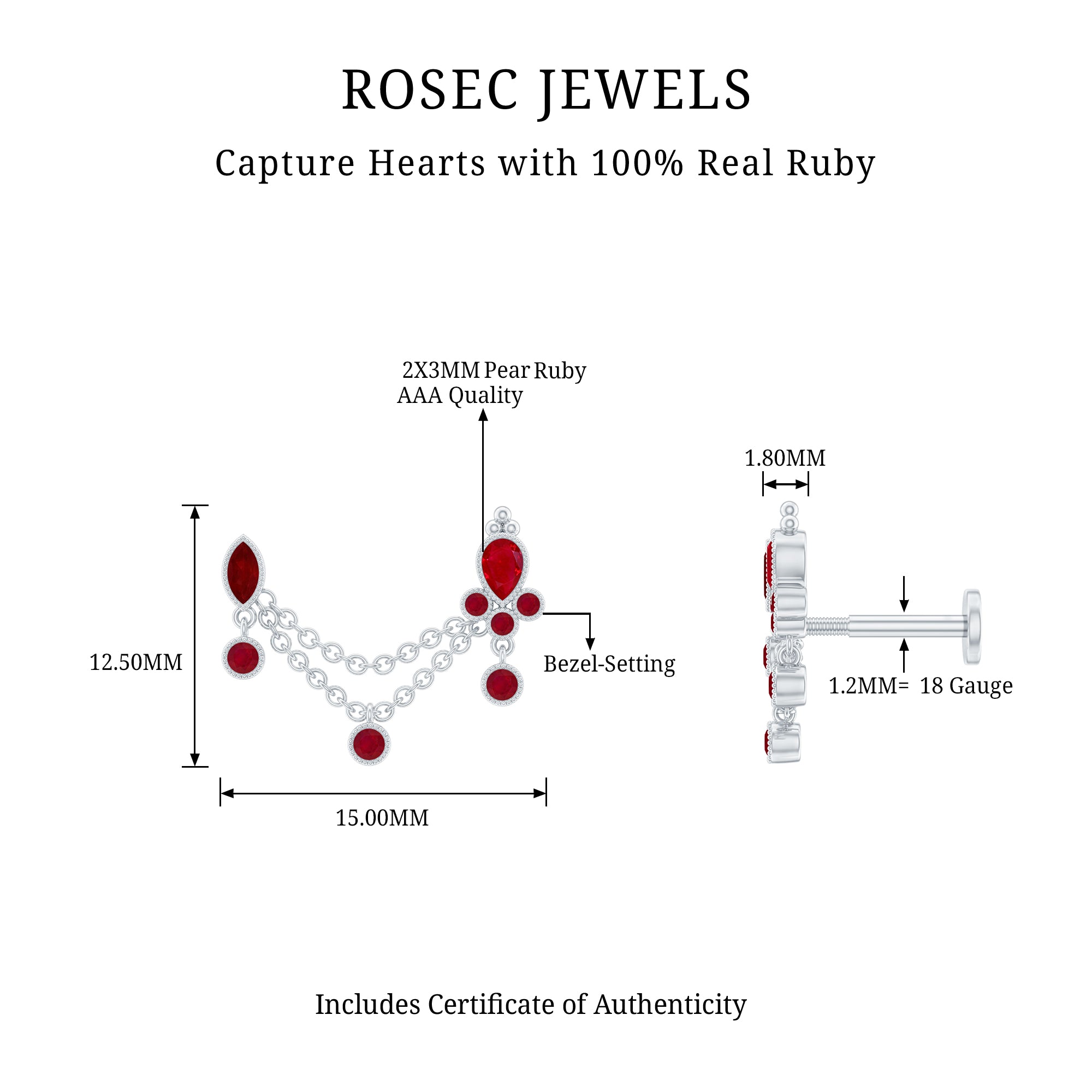 Natural Ruby Double Piercing Earring with Dangling Chain AAA - Rosec Jewels