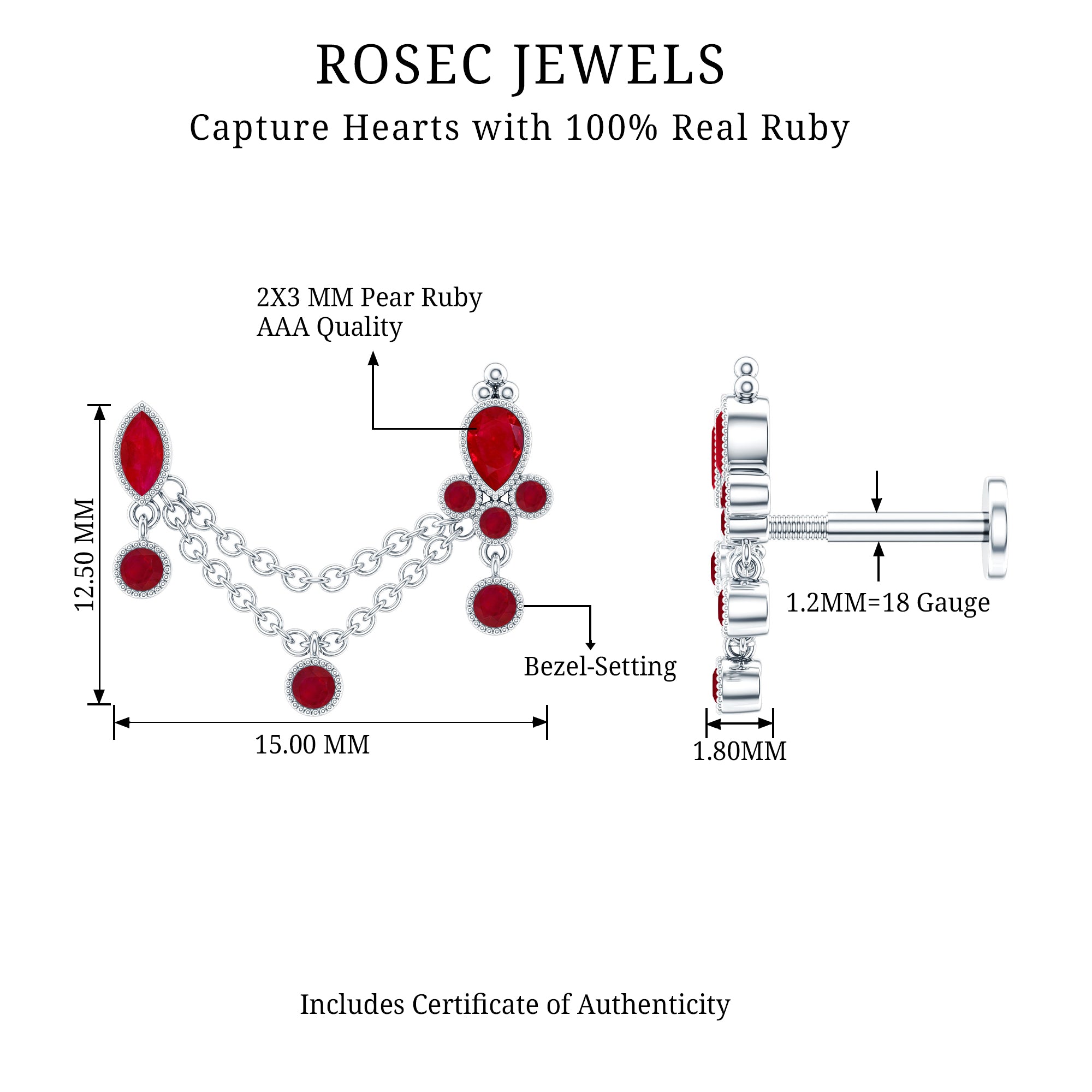 Natural Ruby Double Piercing Earring with Dangling Chain AAA - Rosec Jewels