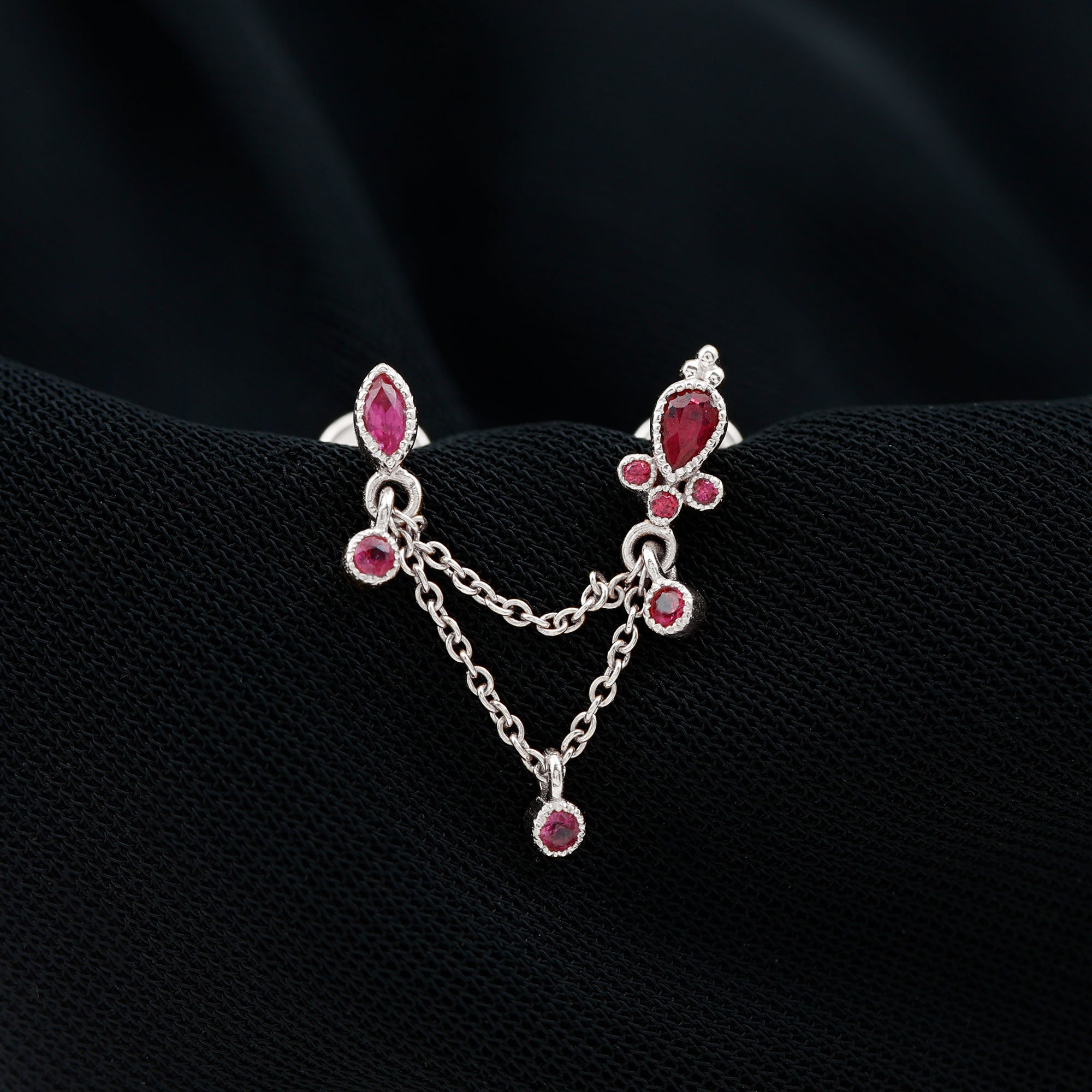 Natural Ruby Double Piercing Earring with Dangling Chain AAA - Rosec Jewels
