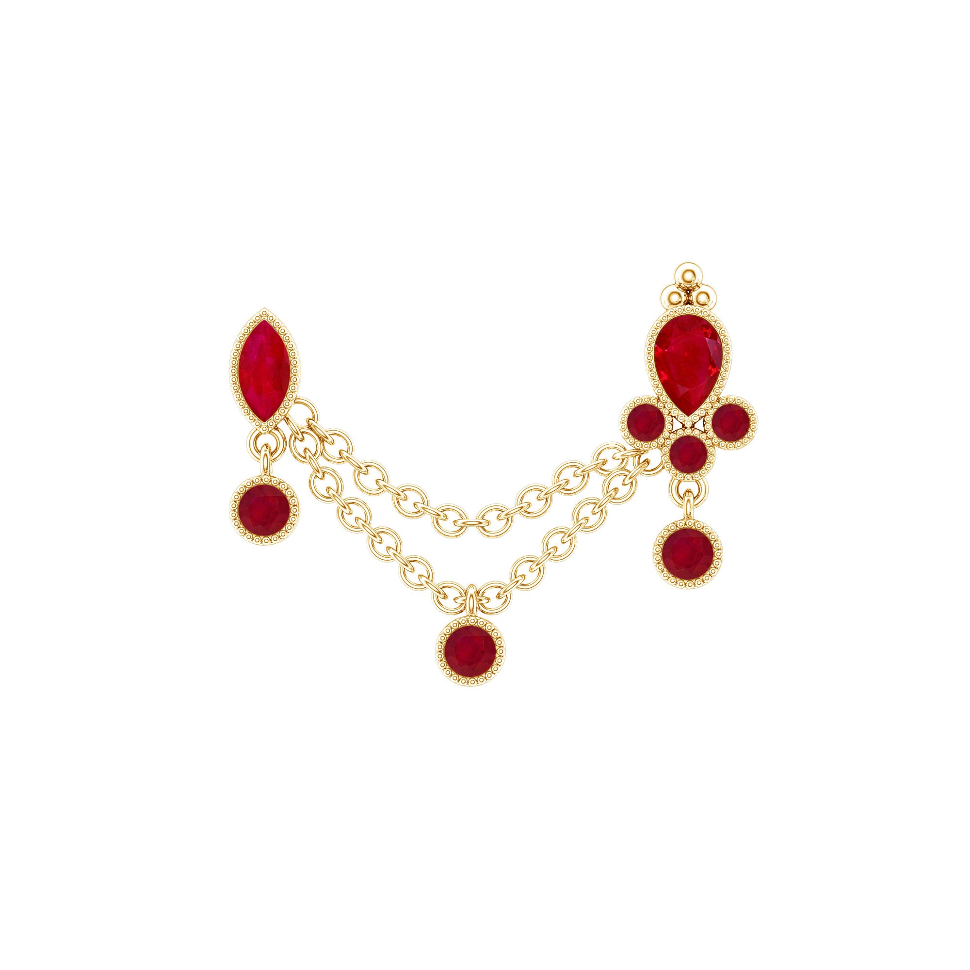 Natural Ruby Double Piercing Earring with Dangling Chain AAA - Rosec Jewels