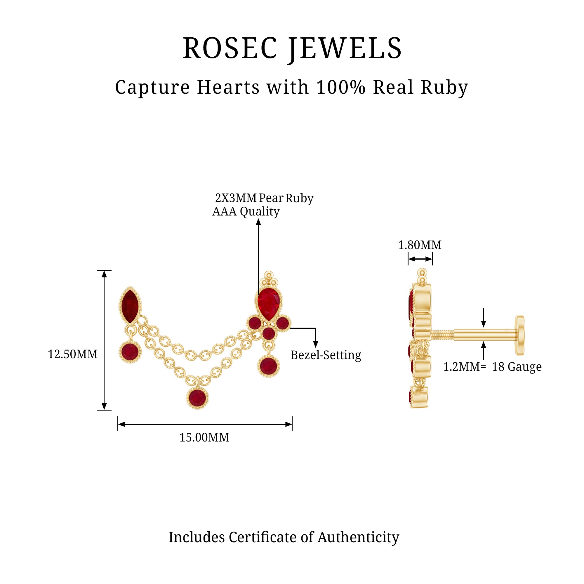 Natural Ruby Double Piercing Earring with Dangling Chain AAA - Rosec Jewels