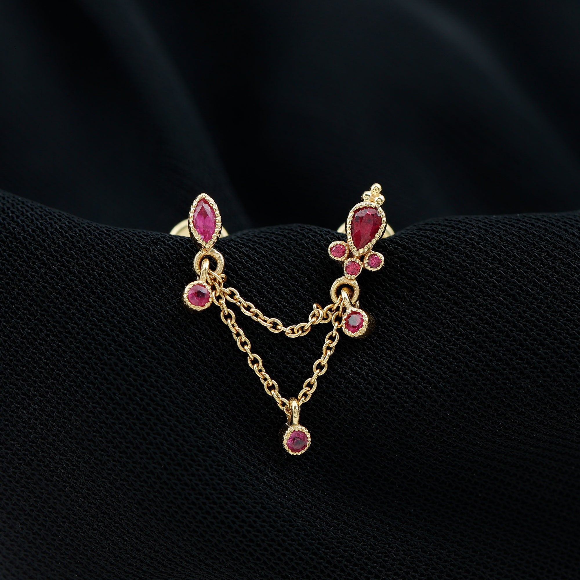 Natural Ruby Double Piercing Earring with Dangling Chain AAA - Rosec Jewels