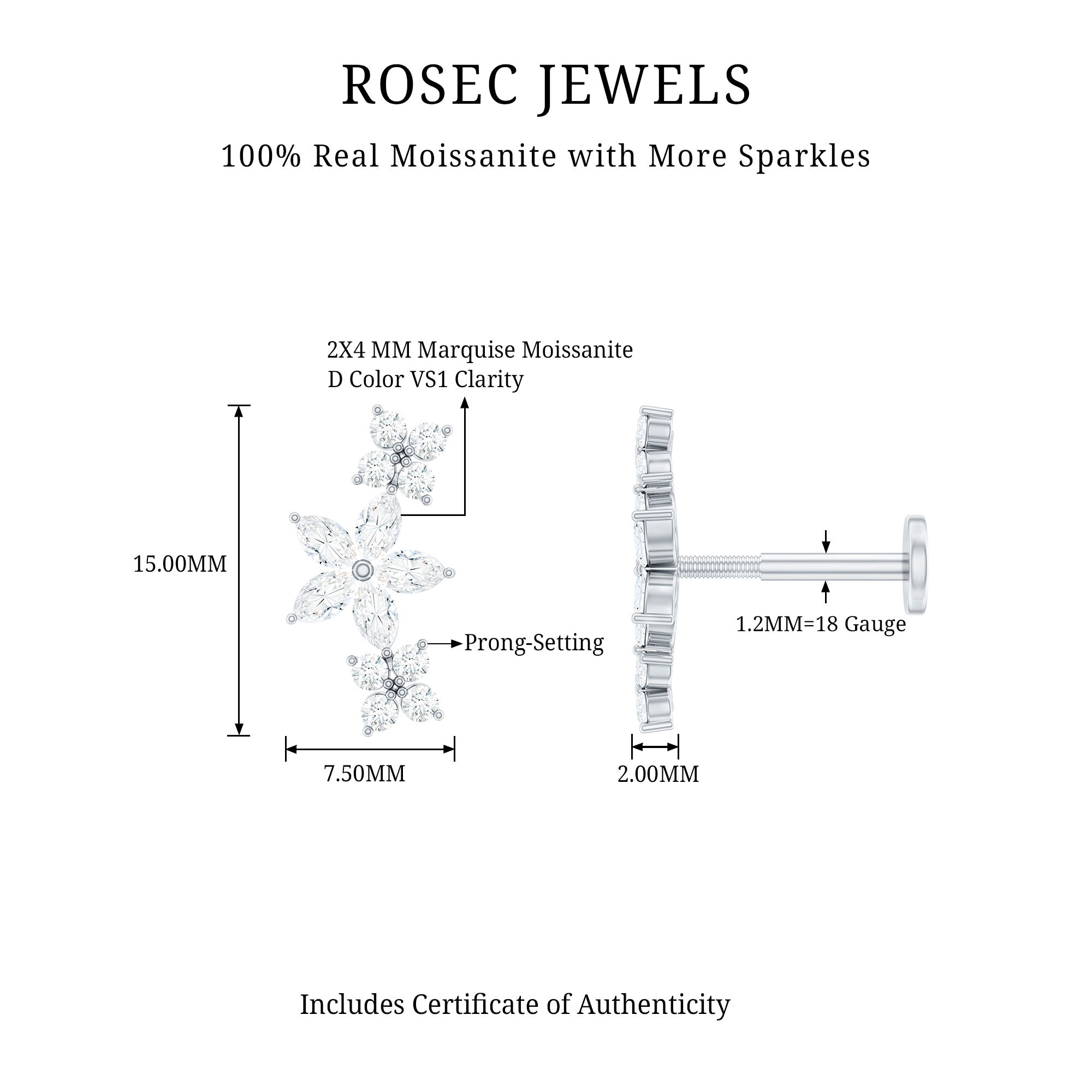 Certified Round Moissanite Flower Ear Crawler Earring D-VS1 - Rosec Jewels