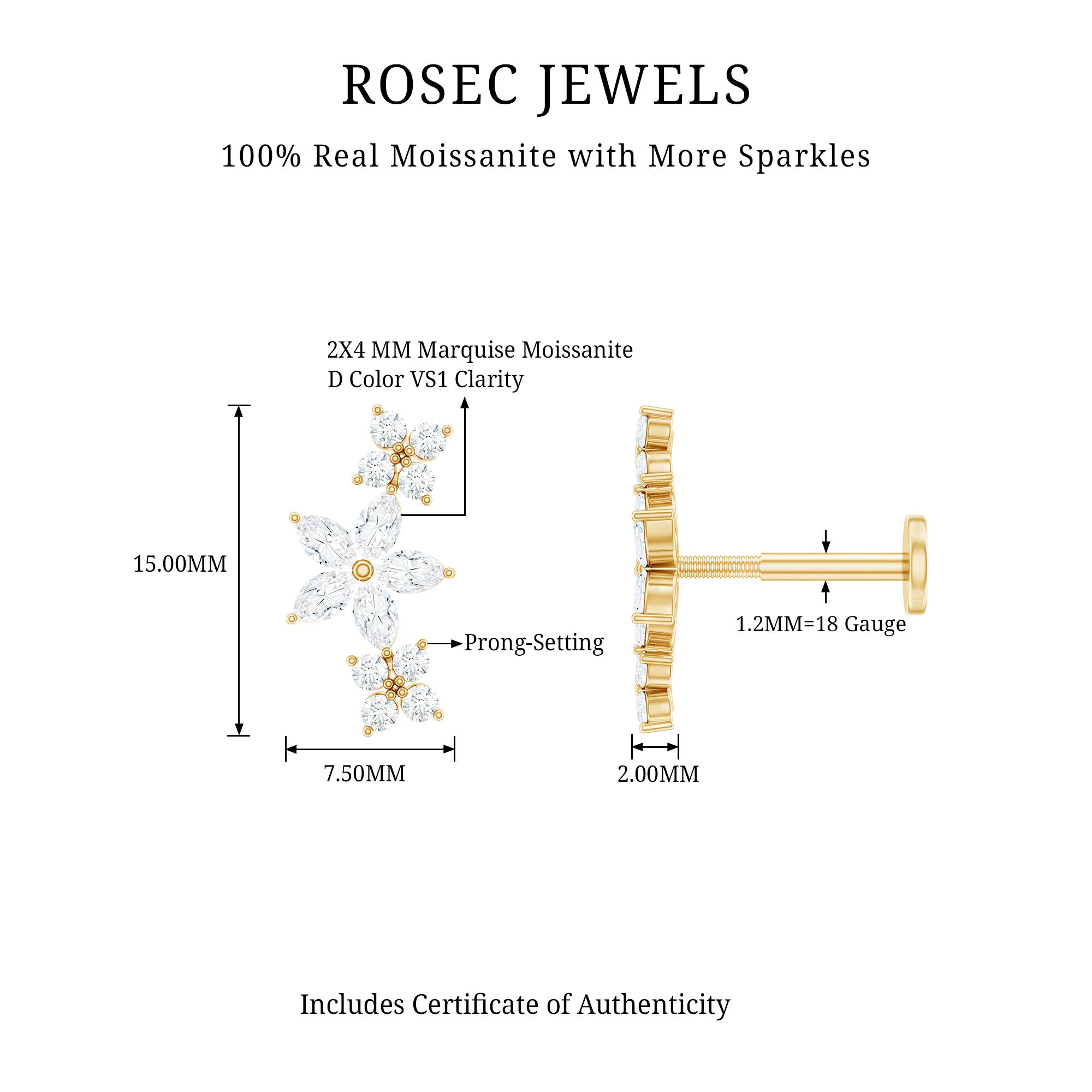 Certified Round Moissanite Flower Ear Crawler Earring D-VS1 - Rosec Jewels