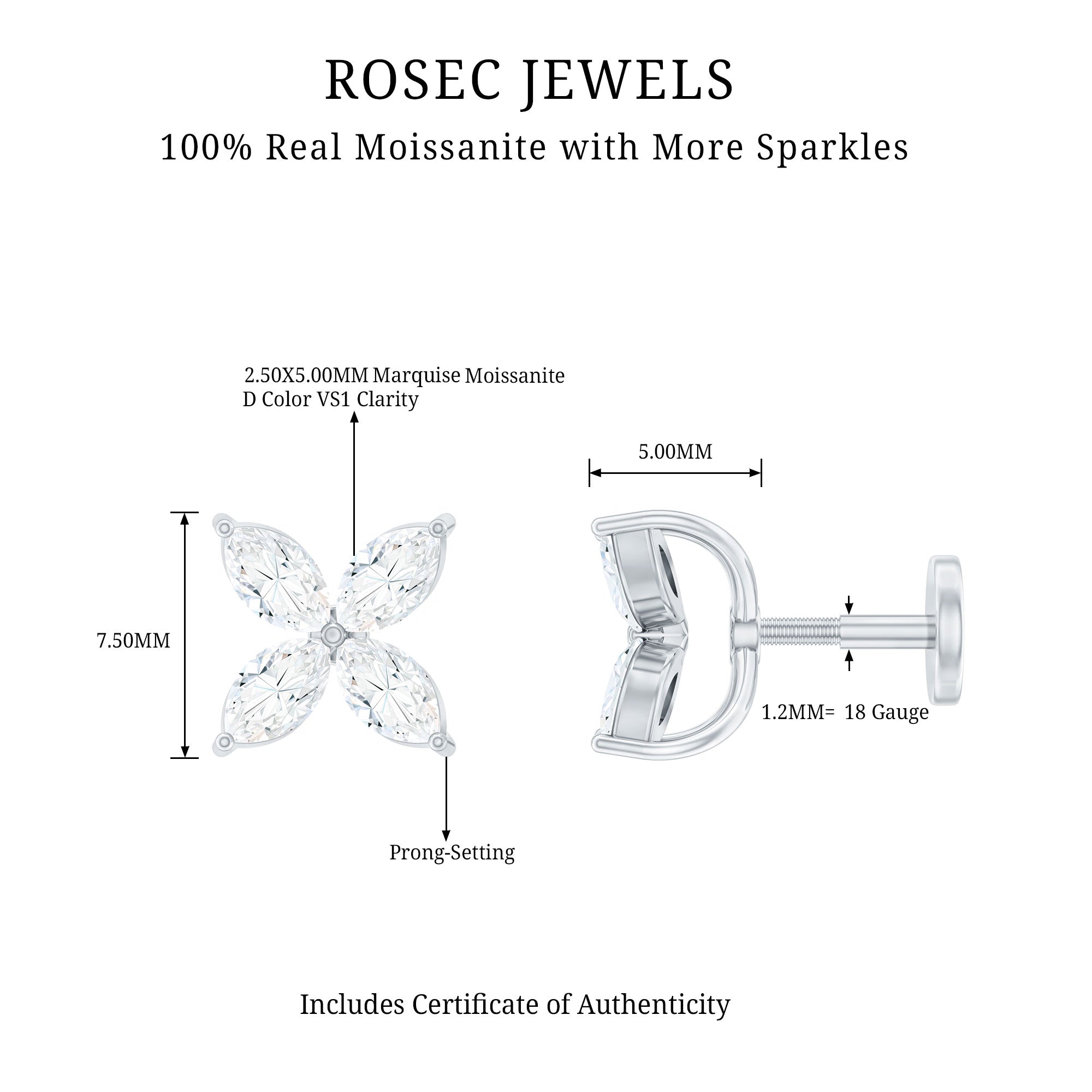 Marquise Cut Moissanite Flower Cartilage Earring D-VS1 - Rosec Jewels