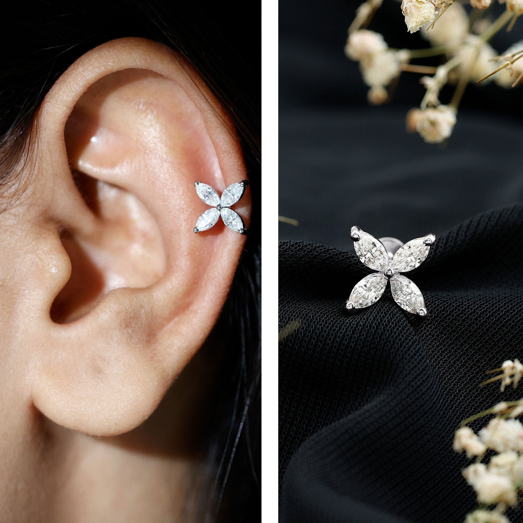 Marquise Cut Moissanite Flower Cartilage Earring D-VS1 - Rosec Jewels