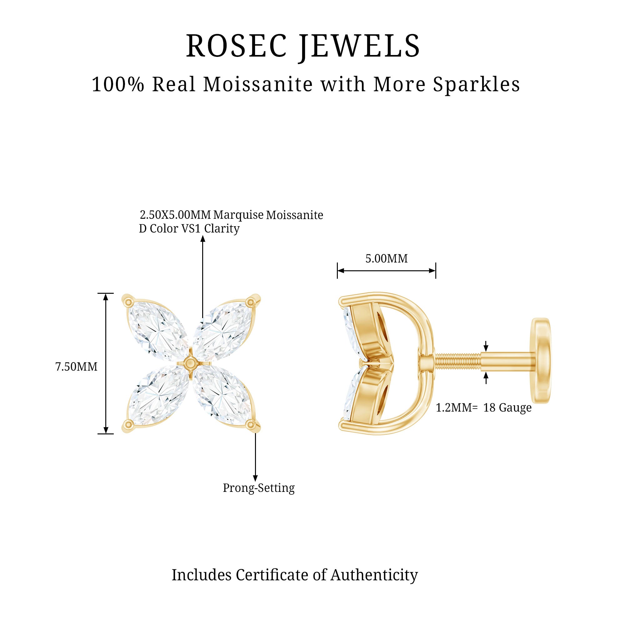 Marquise Cut Moissanite Flower Cartilage Earring D-VS1 - Rosec Jewels