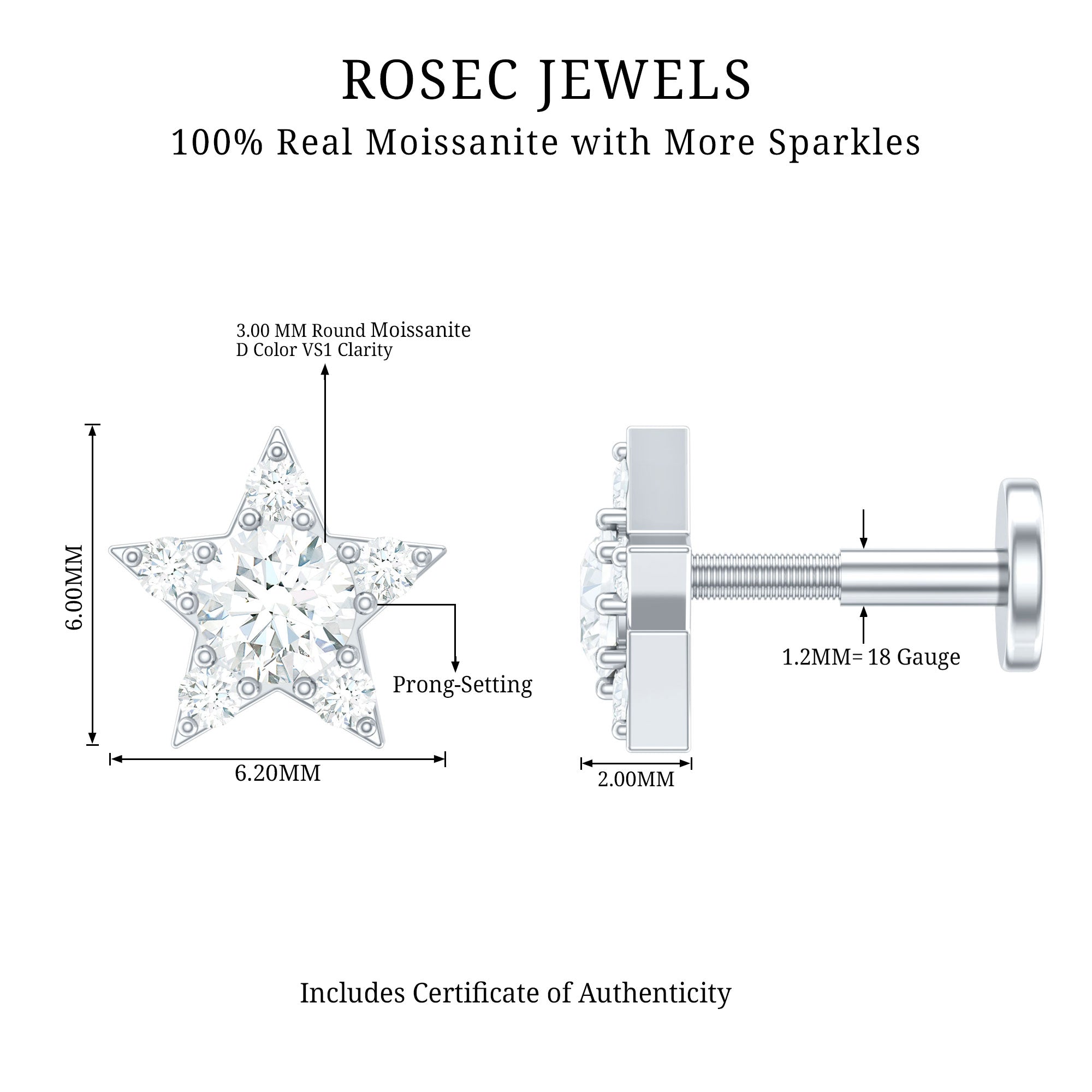 Dainty Moissanite Star Cartilage Earring with Flat Back D-VS1 - Rosec Jewels
