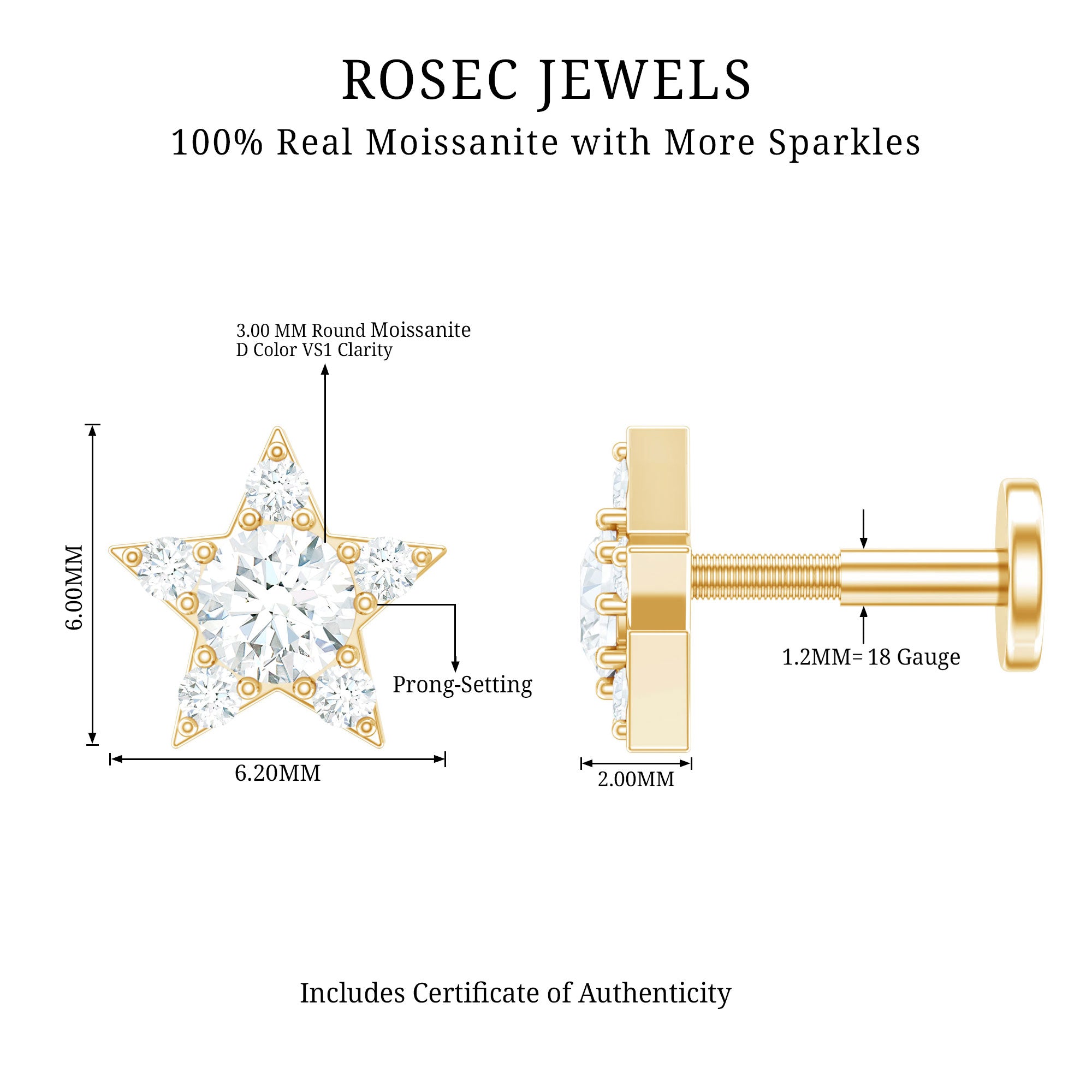 Dainty Moissanite Star Cartilage Earring with Flat Back D-VS1 - Rosec Jewels